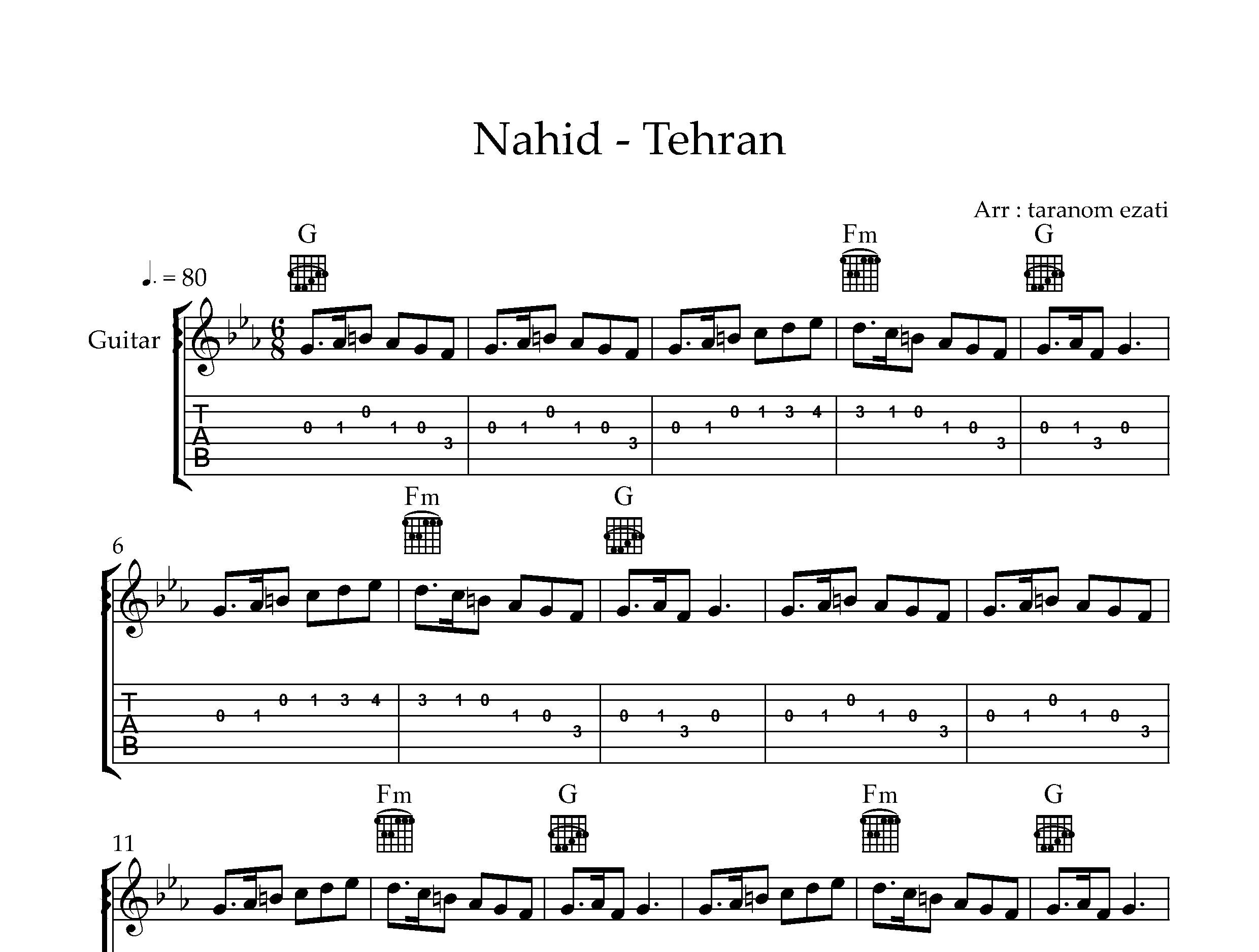 نت گیتار تهران ناهید به همراه تبلچر و آکورد