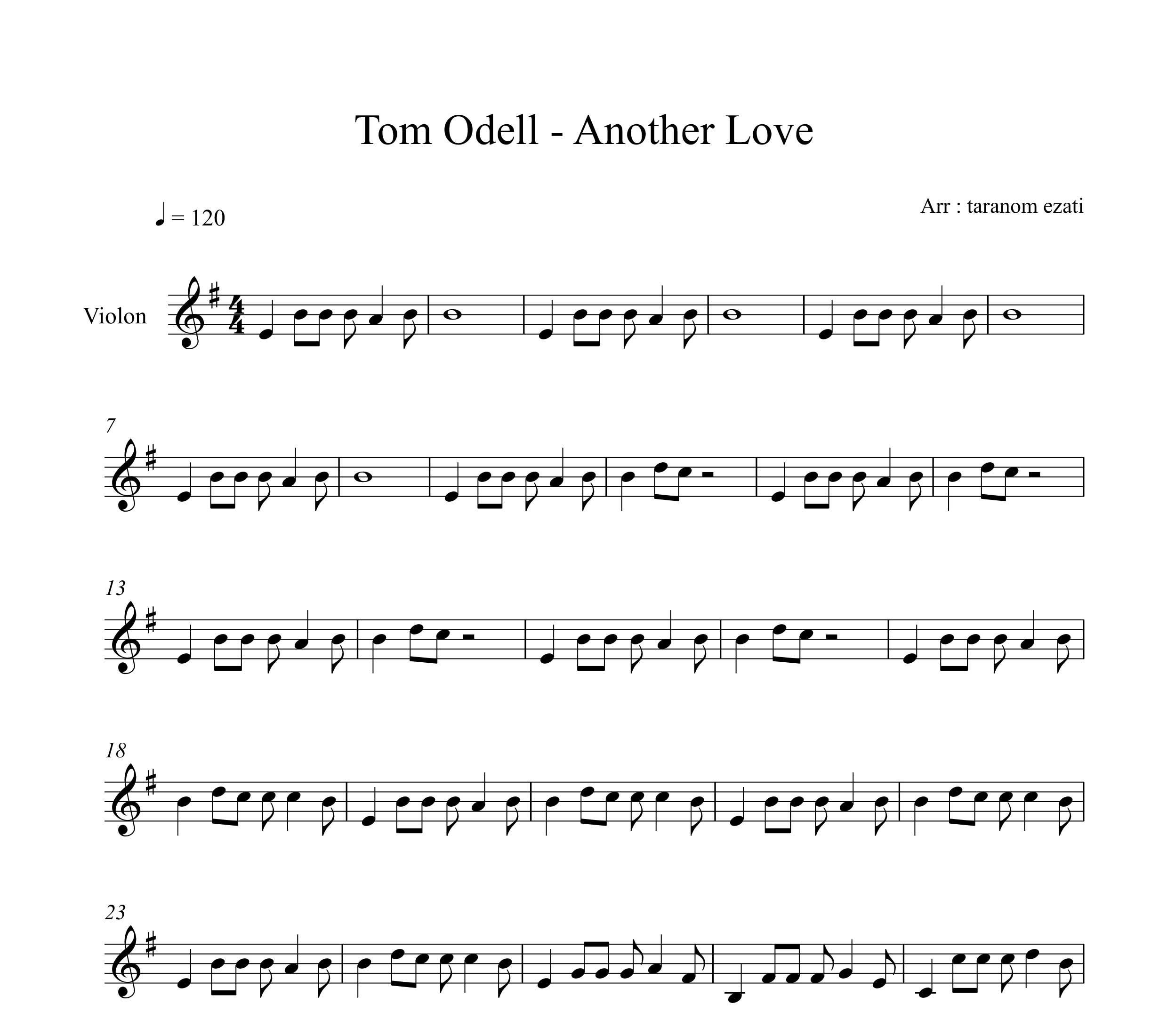 نت ویولن another love تام اودل tom odell