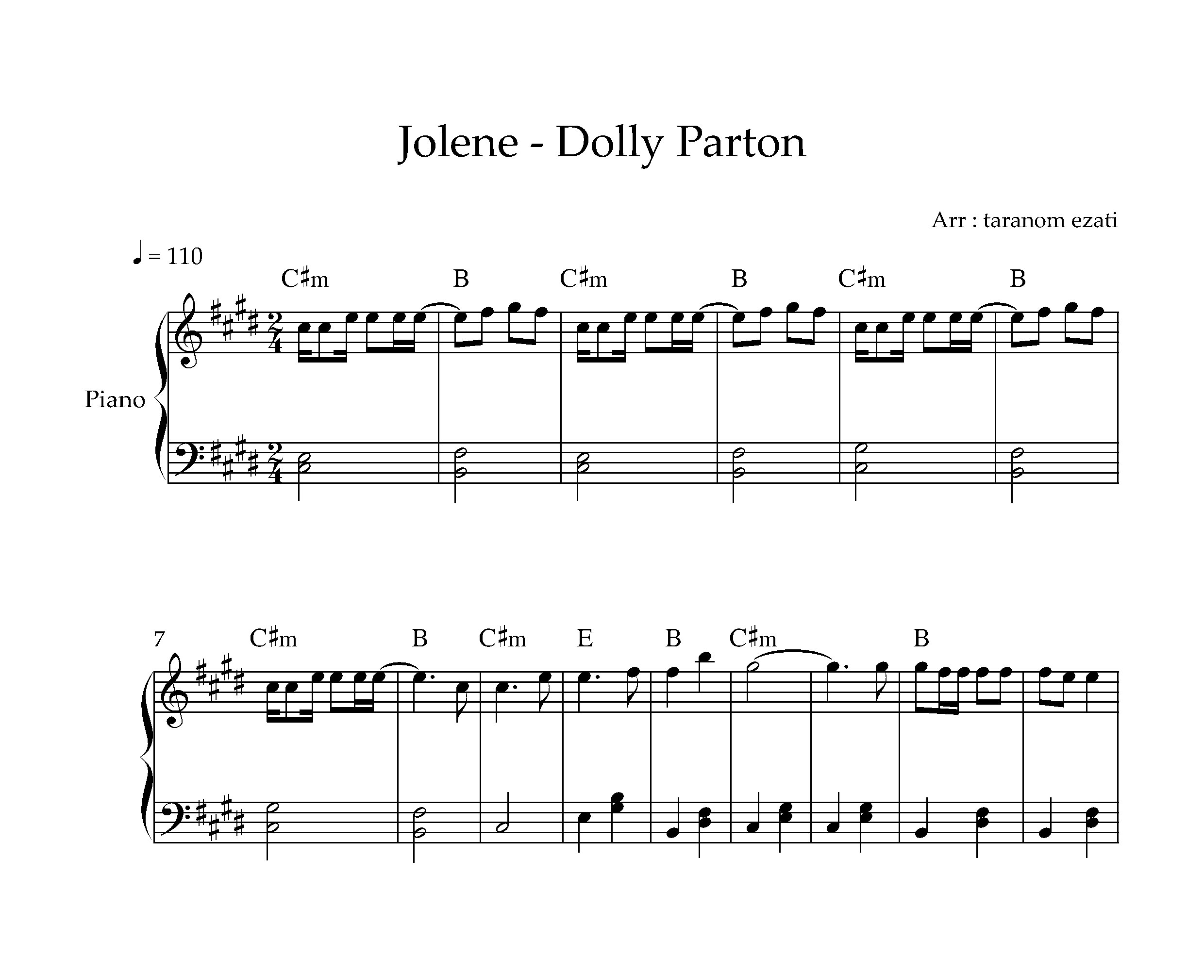 نت پیانو Jolene از Dolly Parton