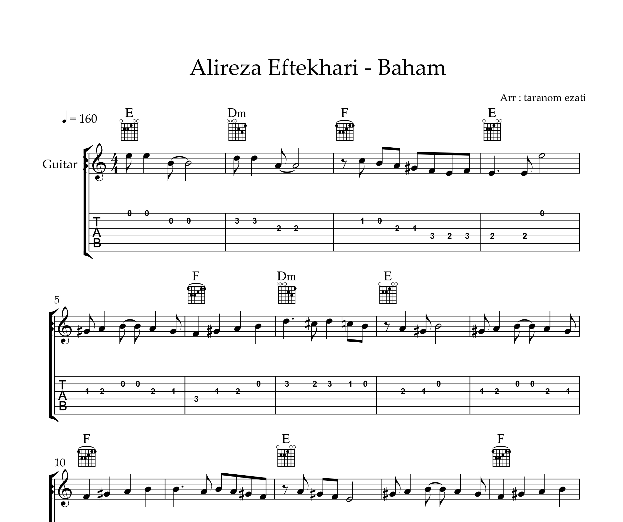 نت گیتار باهم علیرضا افتخاری به همراه تبلچر و آکورد