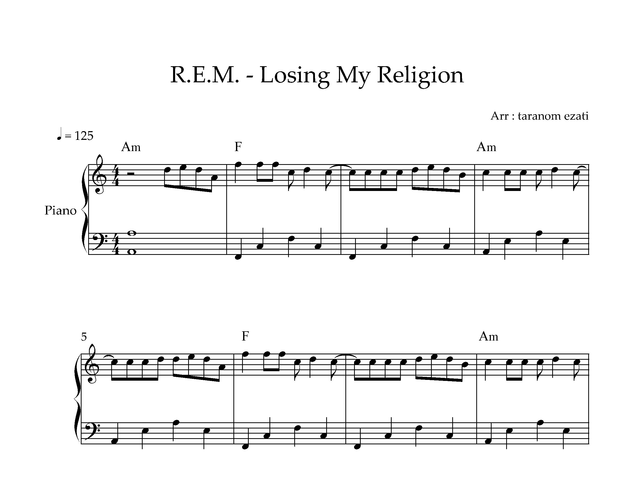 نت پیانو Losing My Religion از REM