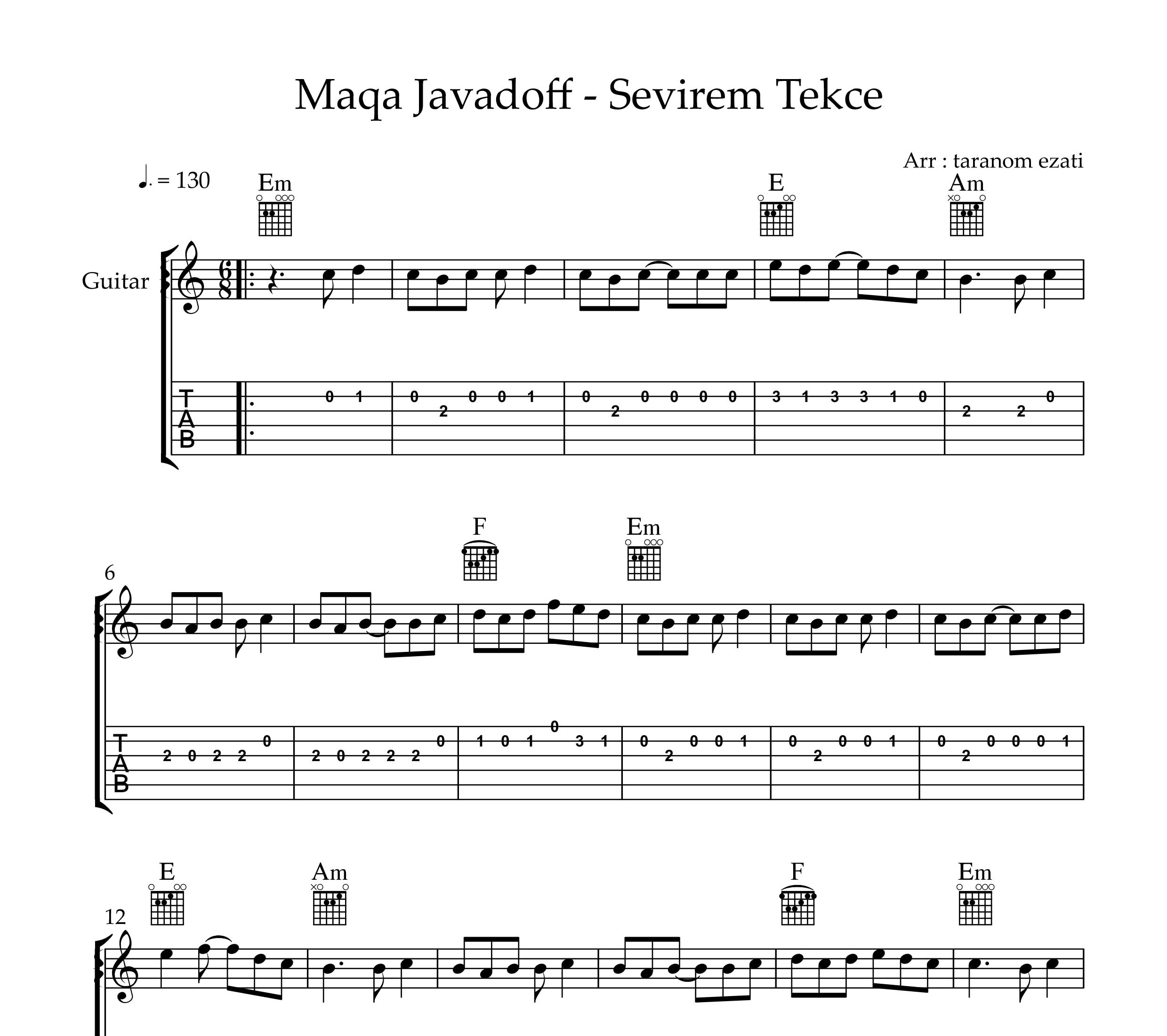 نت گیتار sevirem tekce از maqa javadoff به همراه تبلچر و آکورد