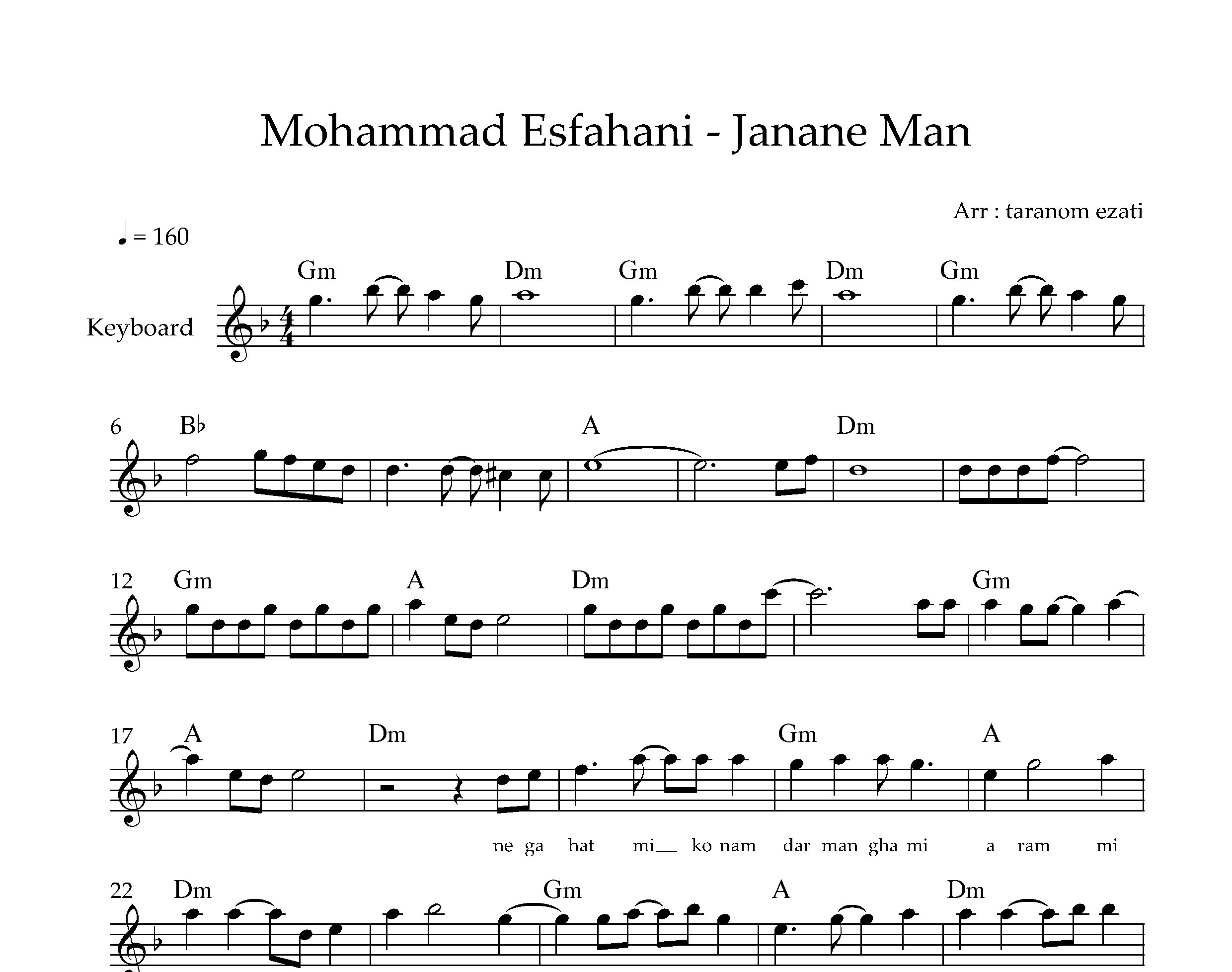 نت کیبورد جانان من محمد اصفهانی به همراه آکورد