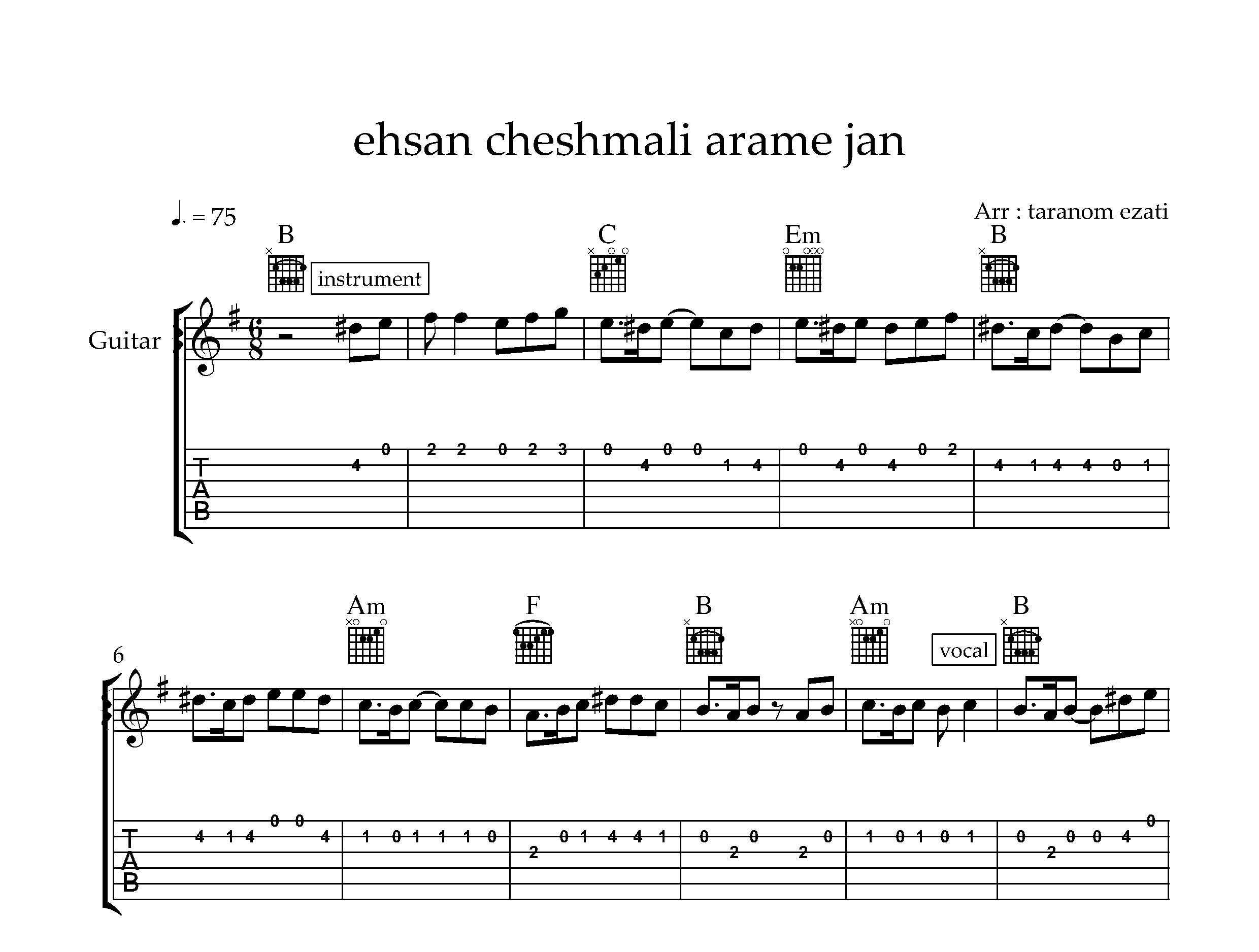 نت گیتار آرام جان احسان چشمعلی به همراه تبلچر و آکورد