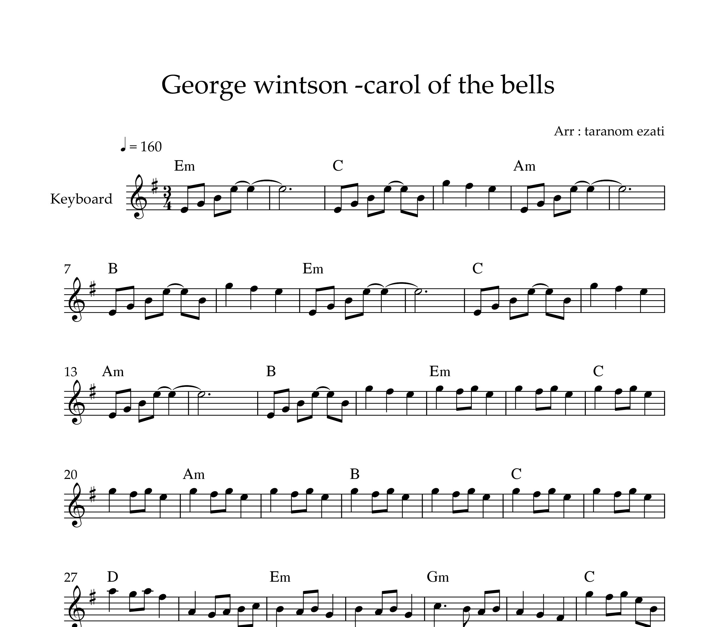 نت کیبورد carol of the bells از جرج وینستون به همراه آکورد