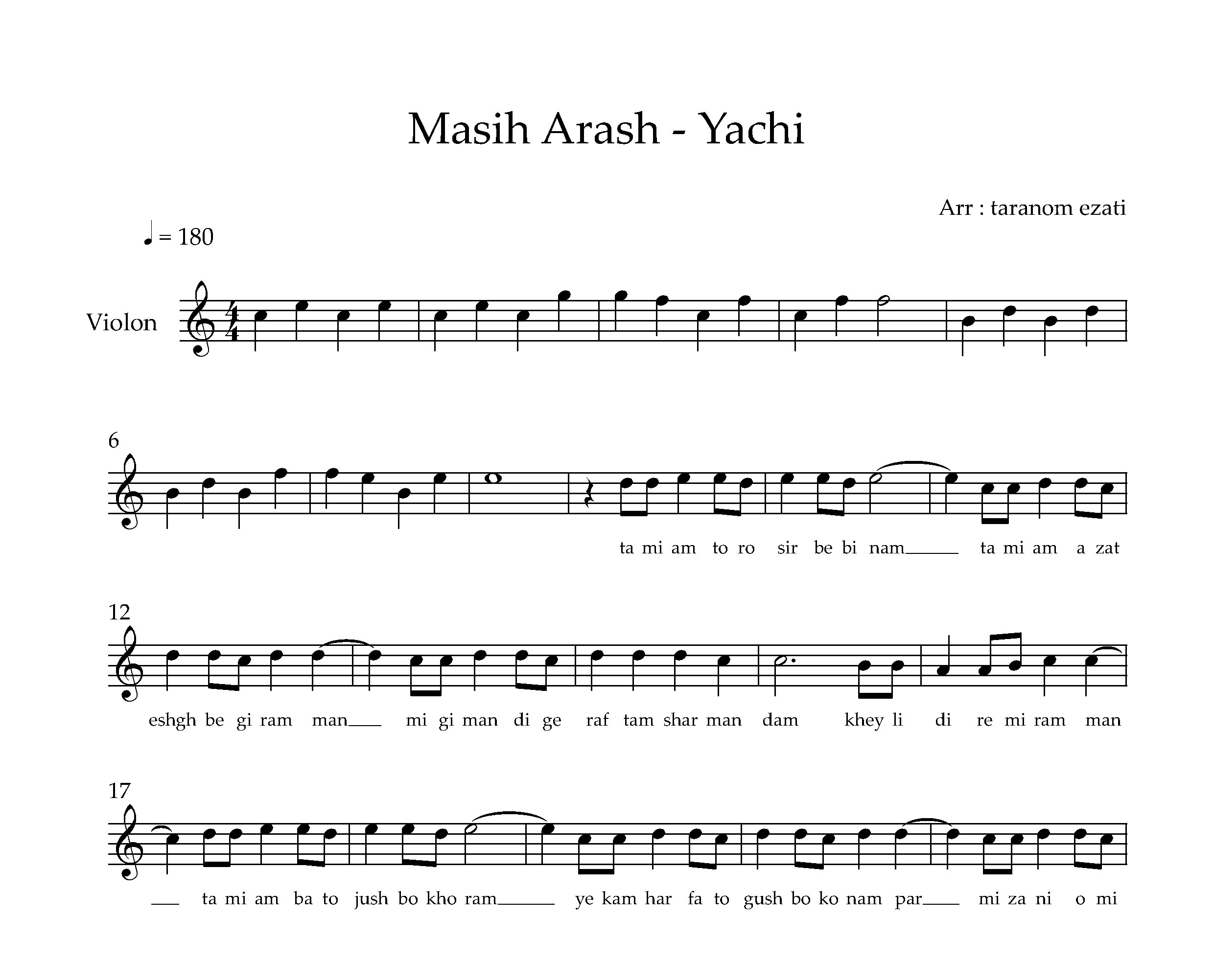 نت ویولن یاچی مسیح و آرش