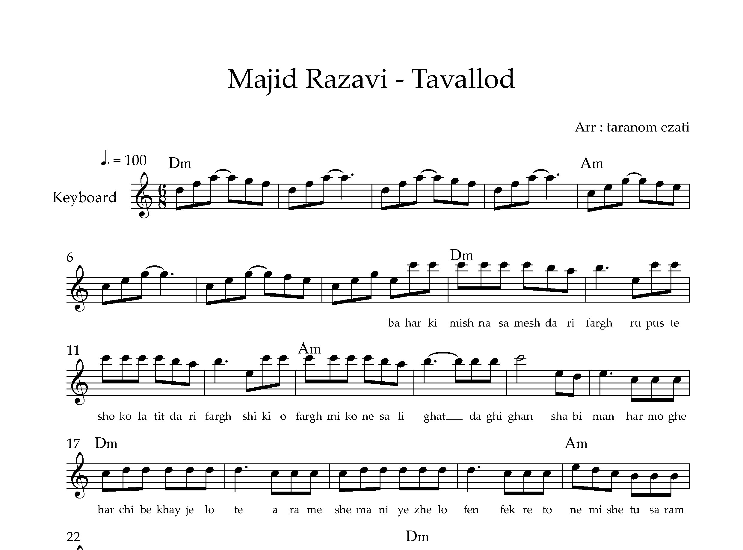 نت کیبورد تولد مجید رضوی به همراه آکورد