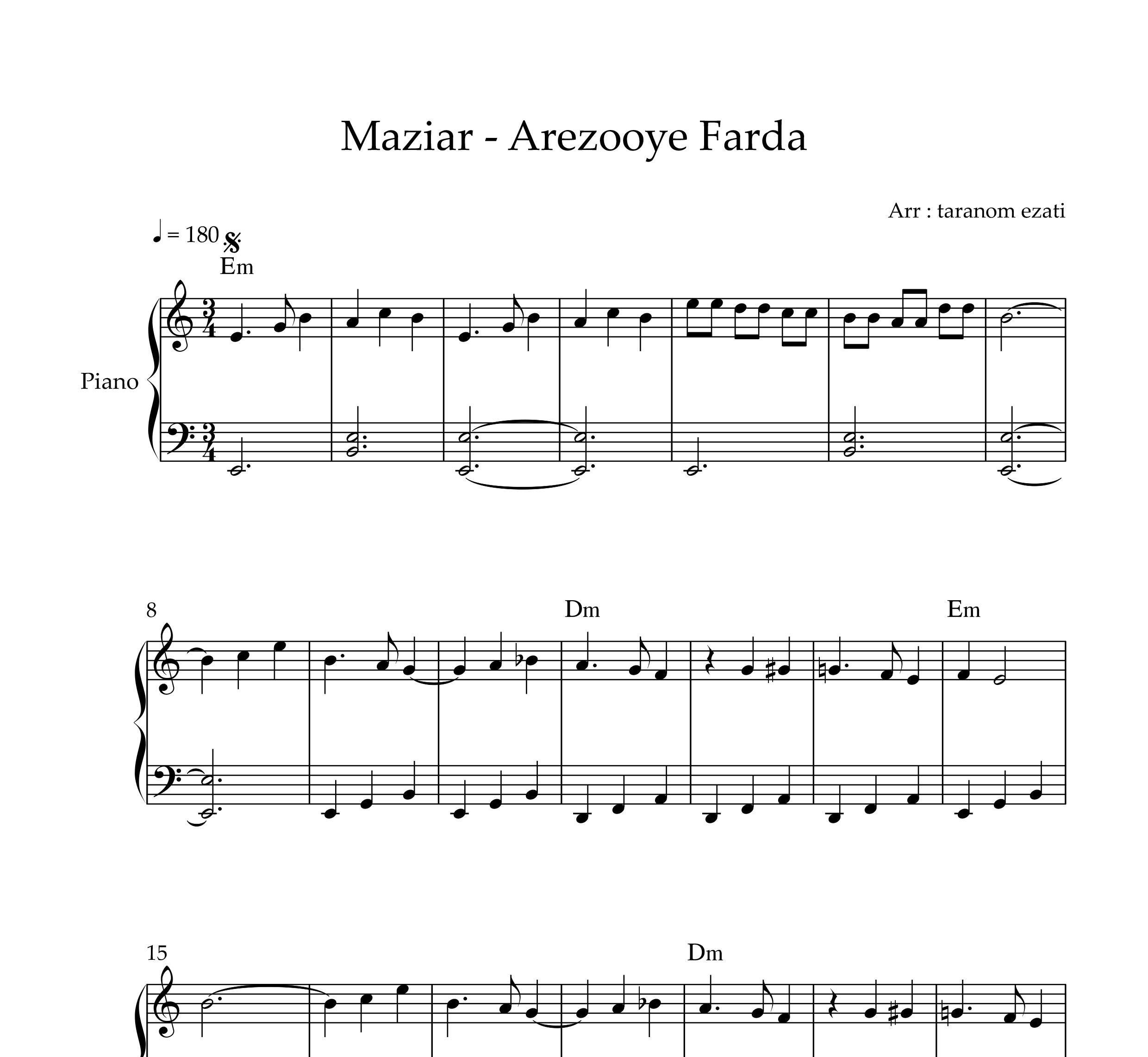 نت پیانو آرزوی فردا مازیار