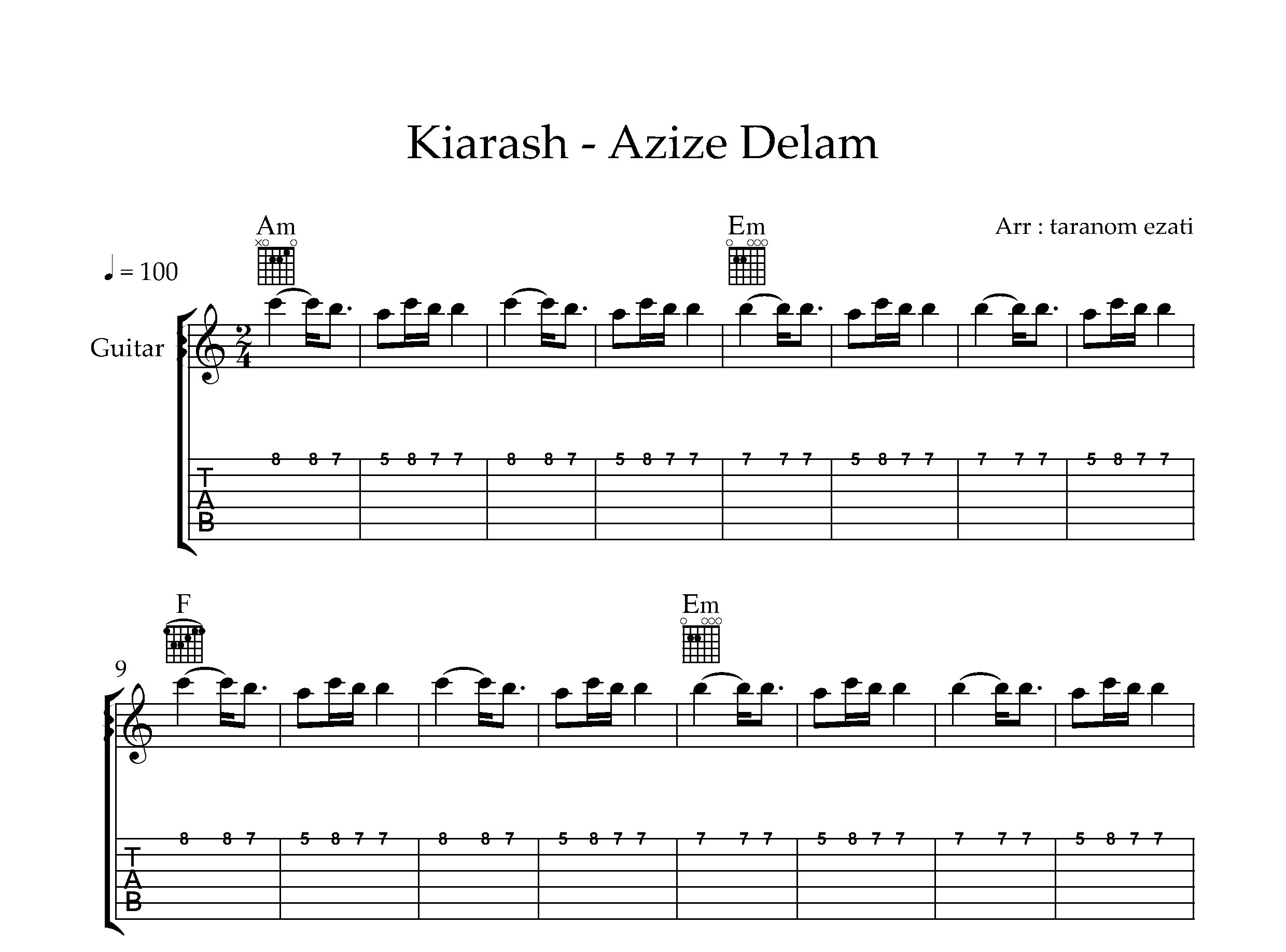 نت گیتار عزیز دلم کیارش به همراه تبلچر و آکورد