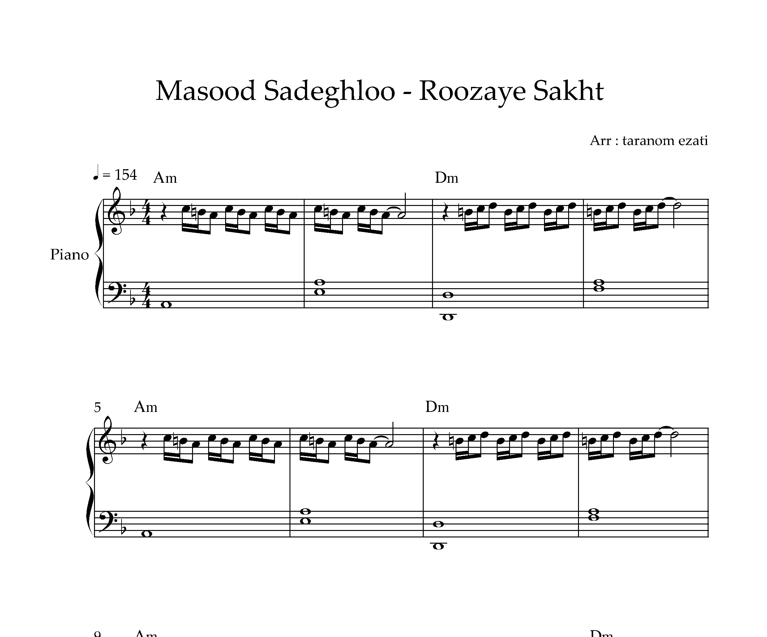 نت پیانو روزای سخت مسعود صادقلو