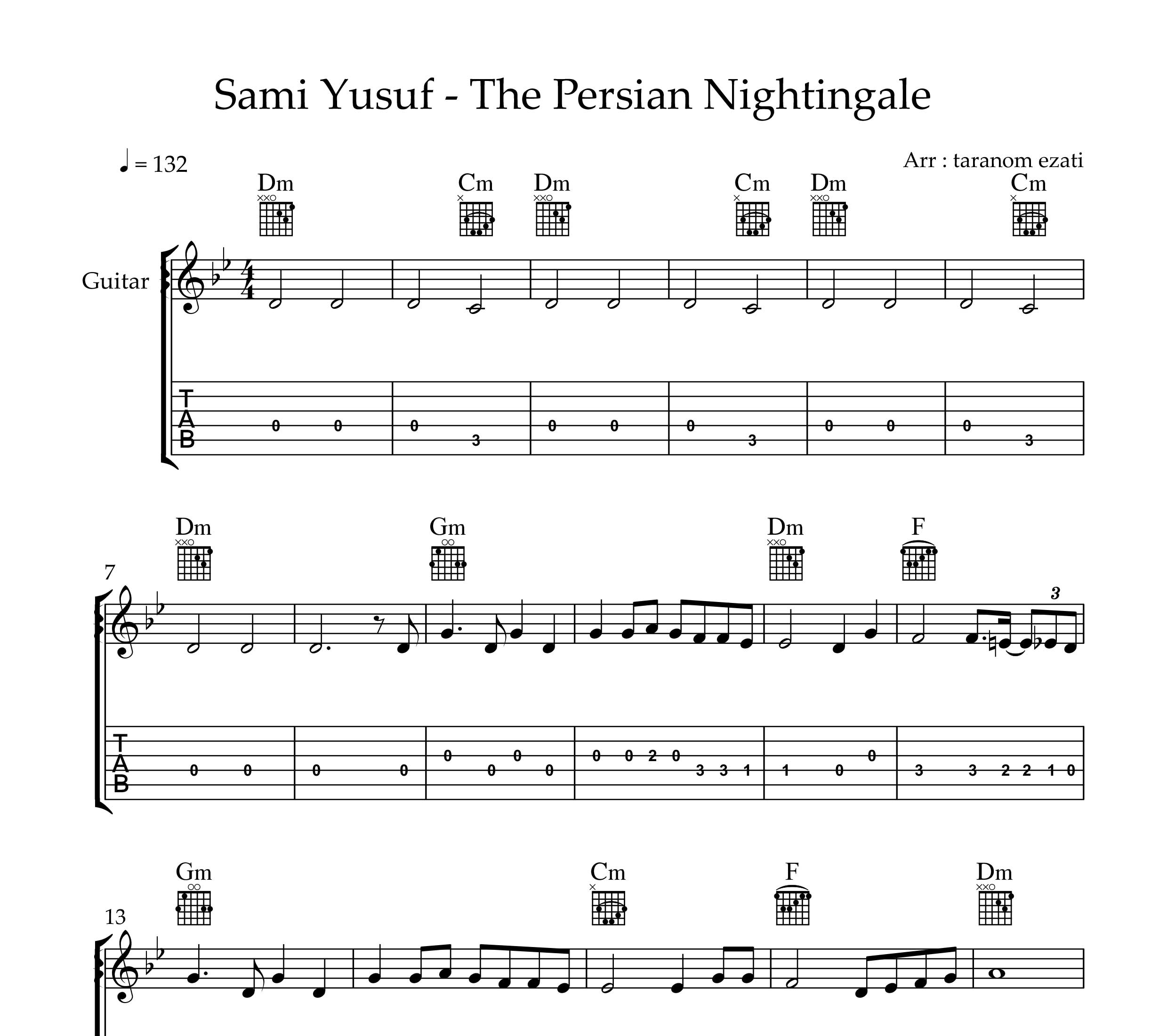نت گیتار the persian nightingale از سامی یوسف به همراه تبلچر و آکورد