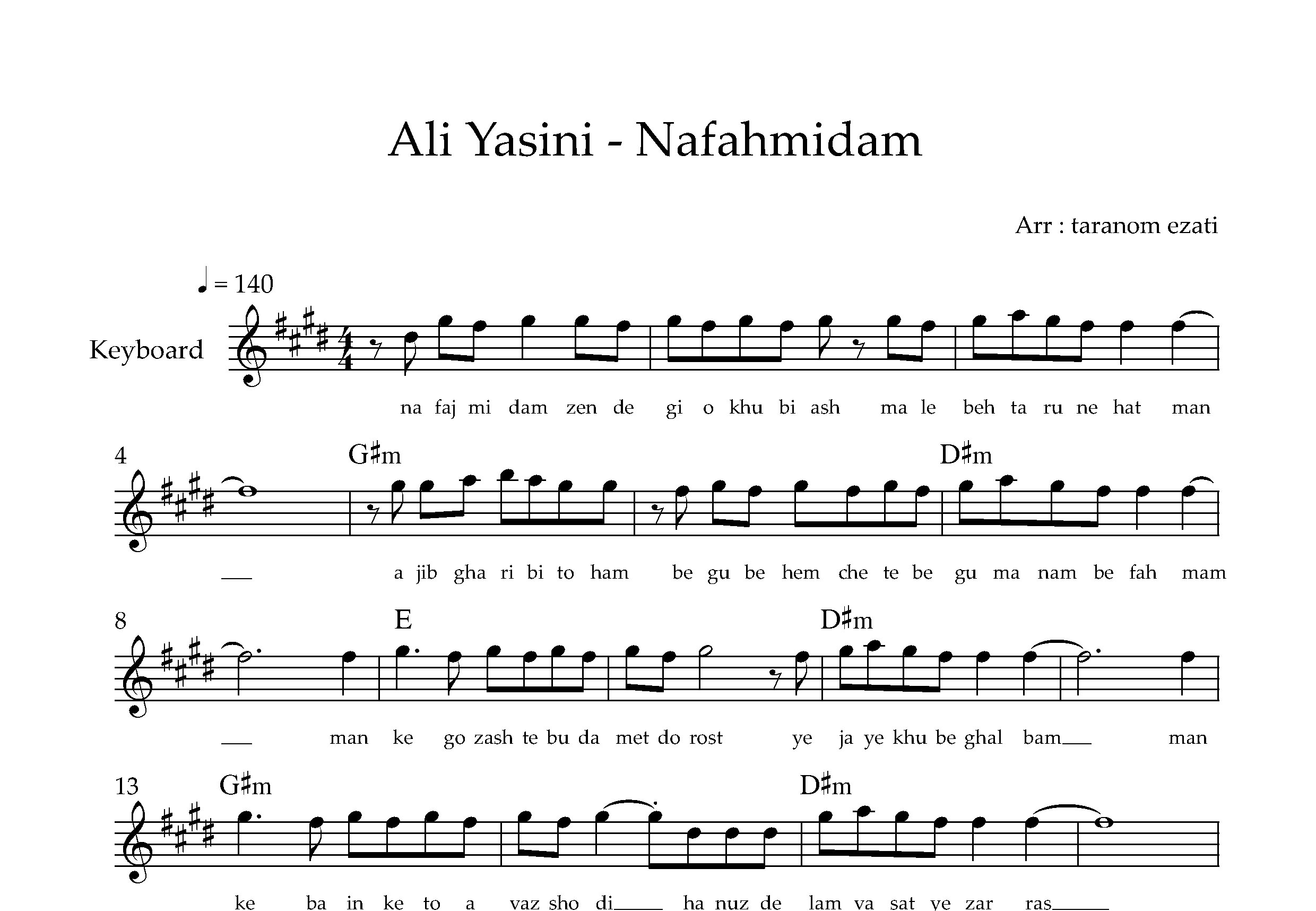 نت کیبورد نفهمیدم علی یاسینی به همراه آکورد