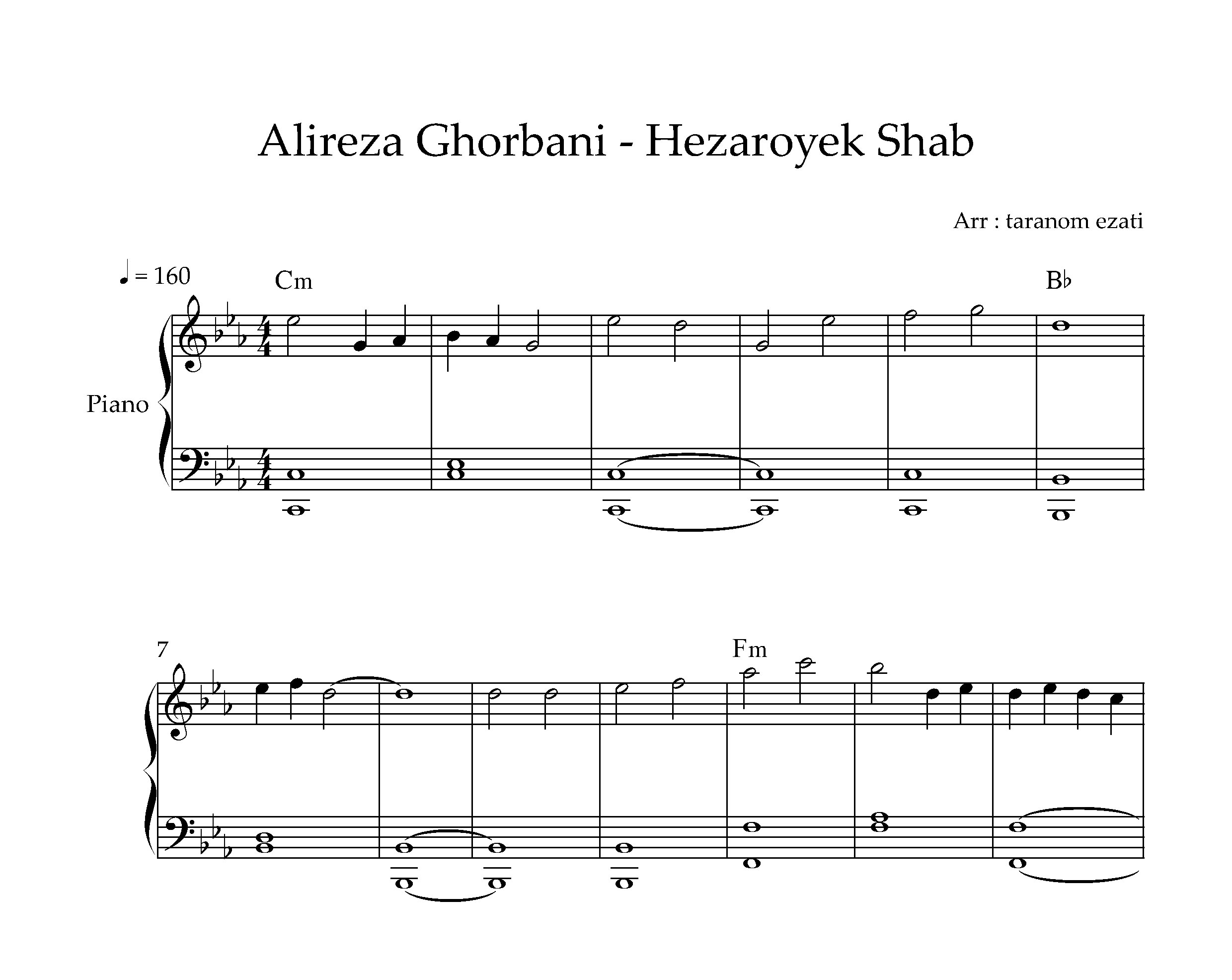 نت پیانو هزار و یک شب علیرضا قربانی