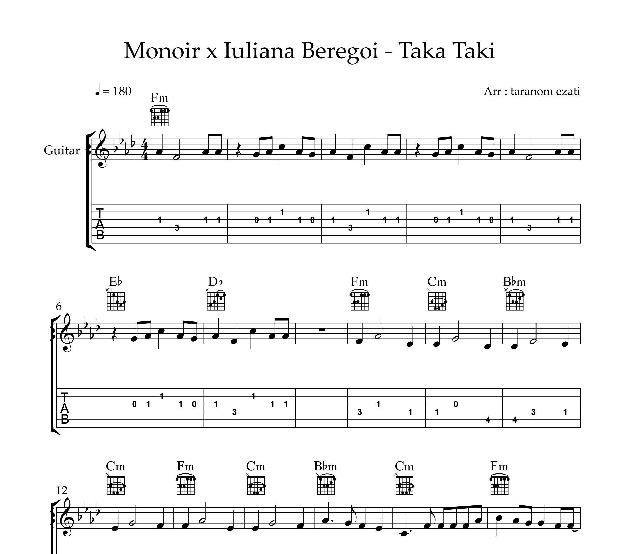 نت گیتار taka taki از monoir x Iuliana beregoi به همراه تبلچر و آکورد