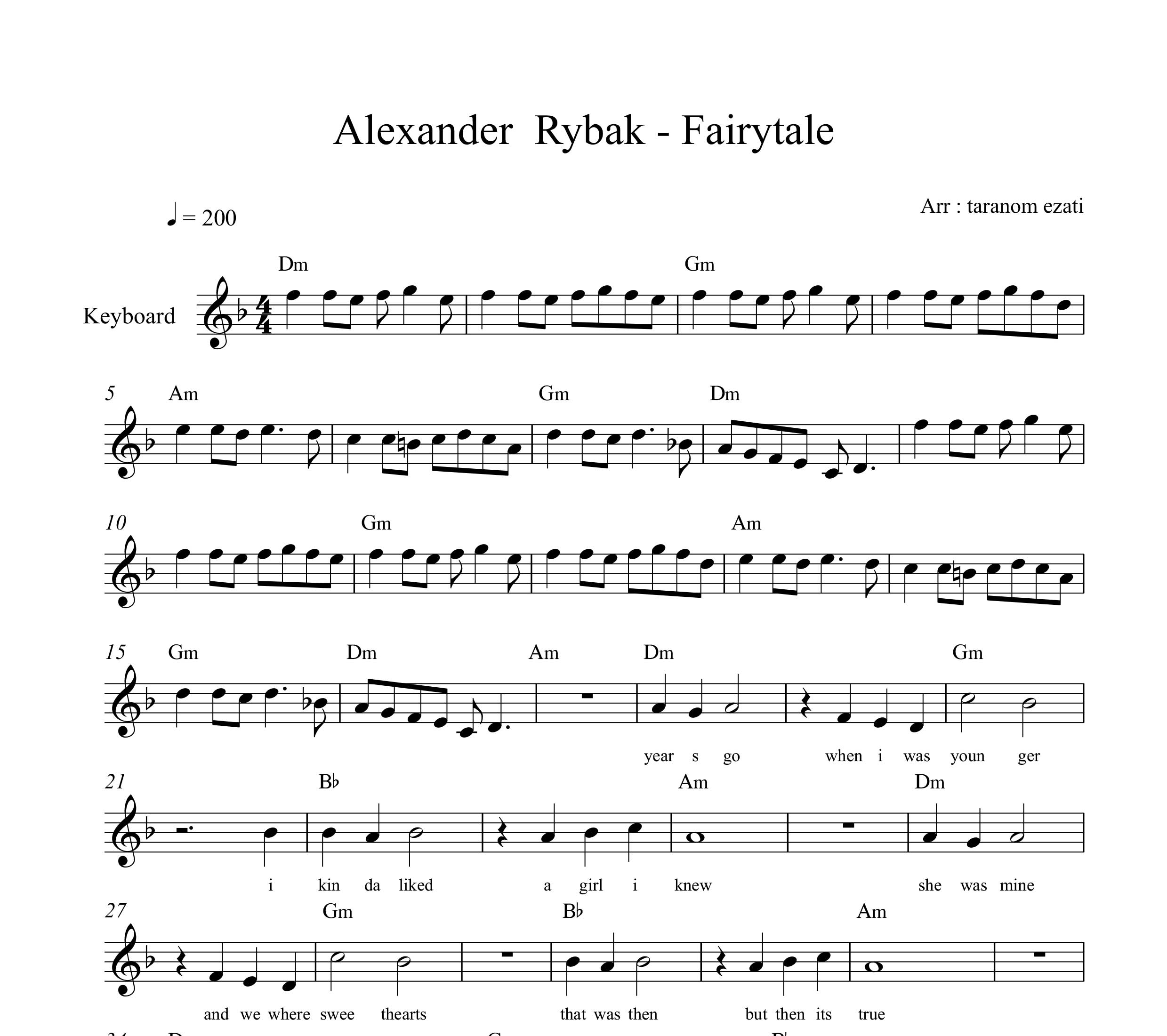 نت کیبورد fairytale از alexander rybak الکساندر ریباک به همراه آکورد