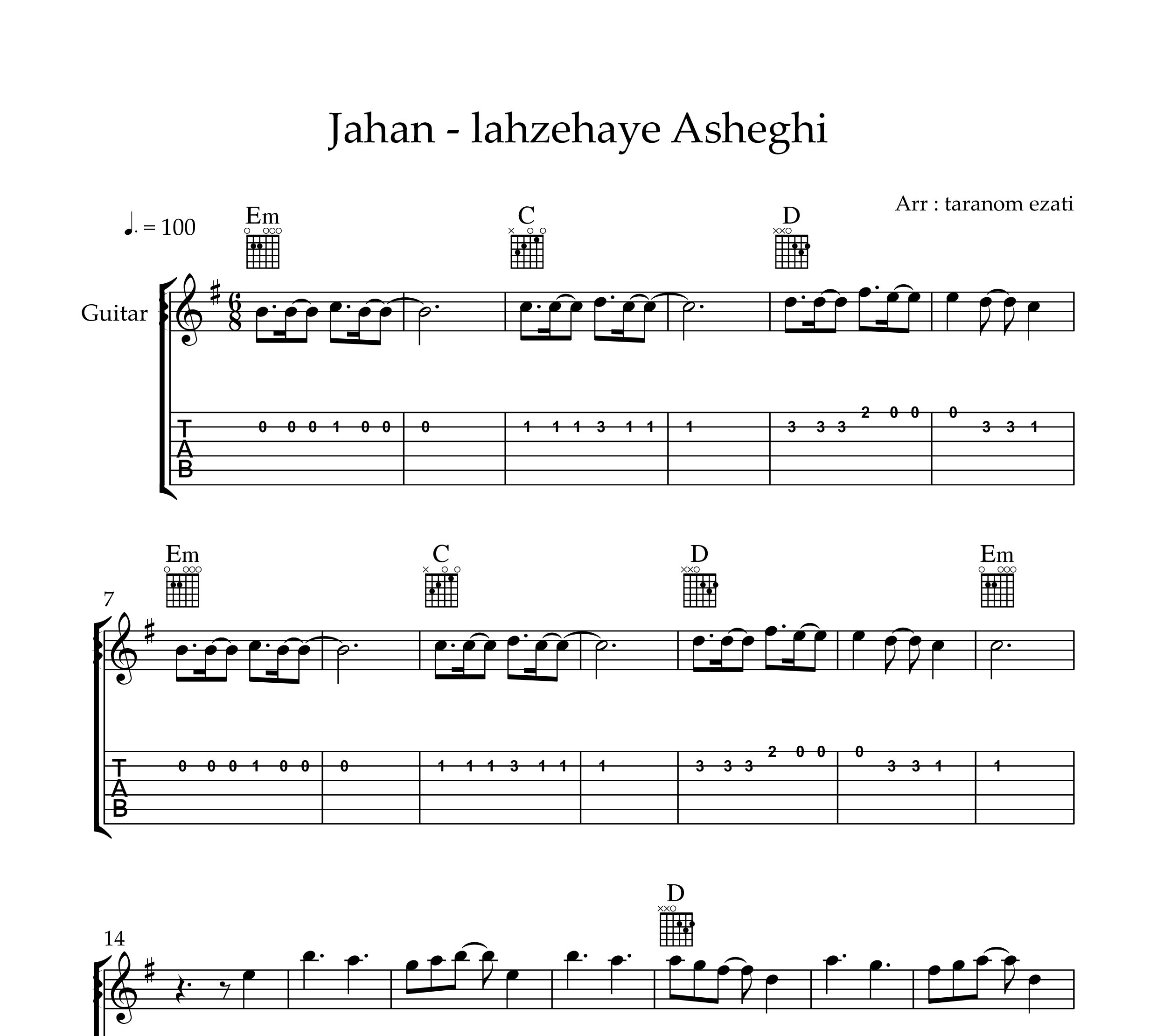 نت گیتار لحظه های عاشقی جهان به همراه تبلچر و آکورد