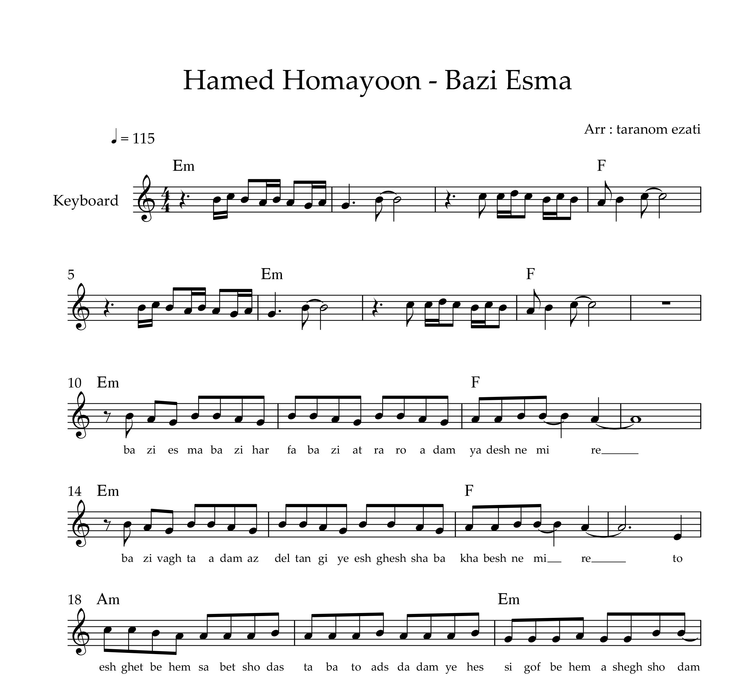 نت کیبورد بعضی اسما حامد همایون به همراه آکورد