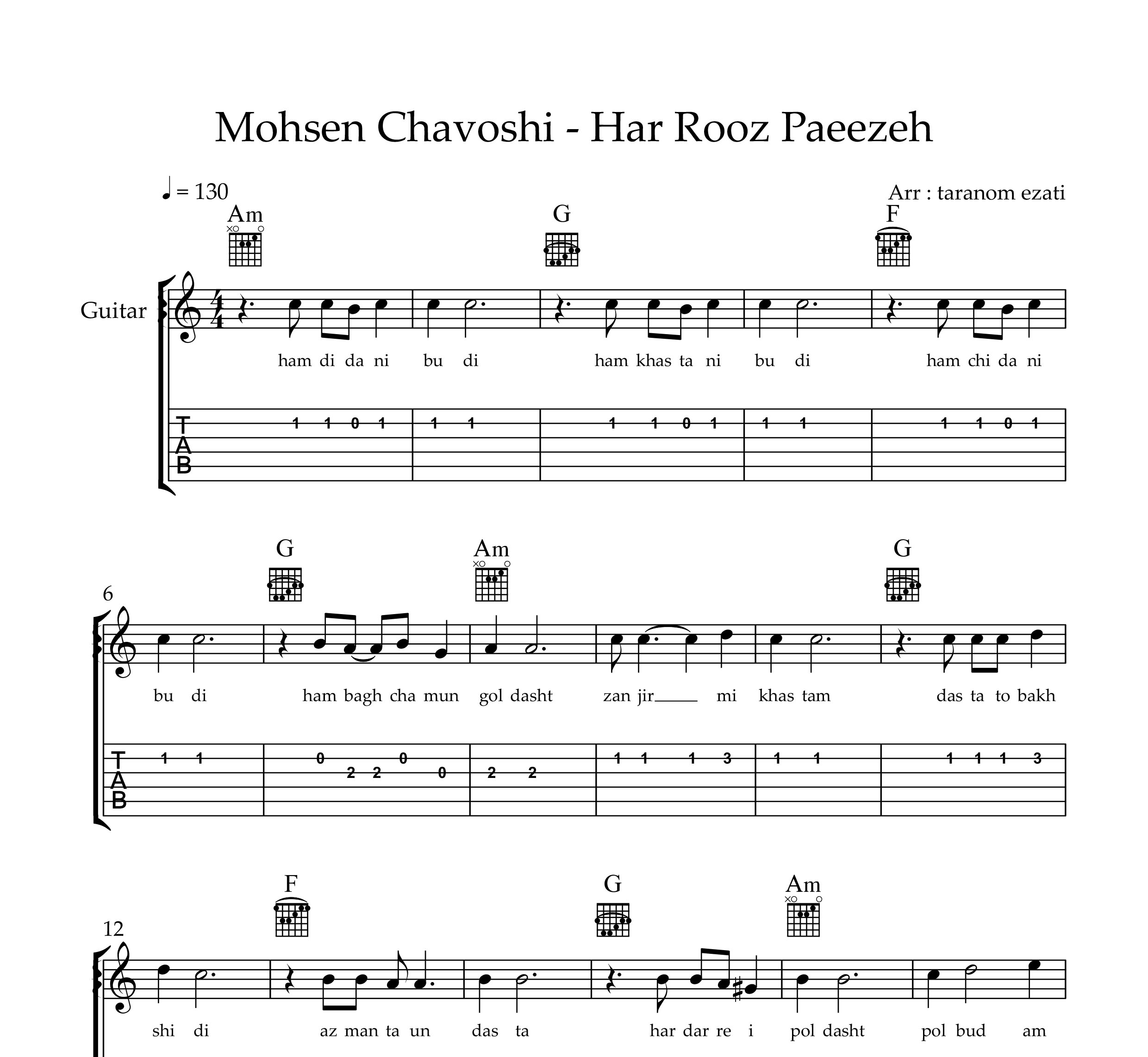 نت گیتار هر روز پاییزه محسن چاوشی به همراه تبلچر و آکورد