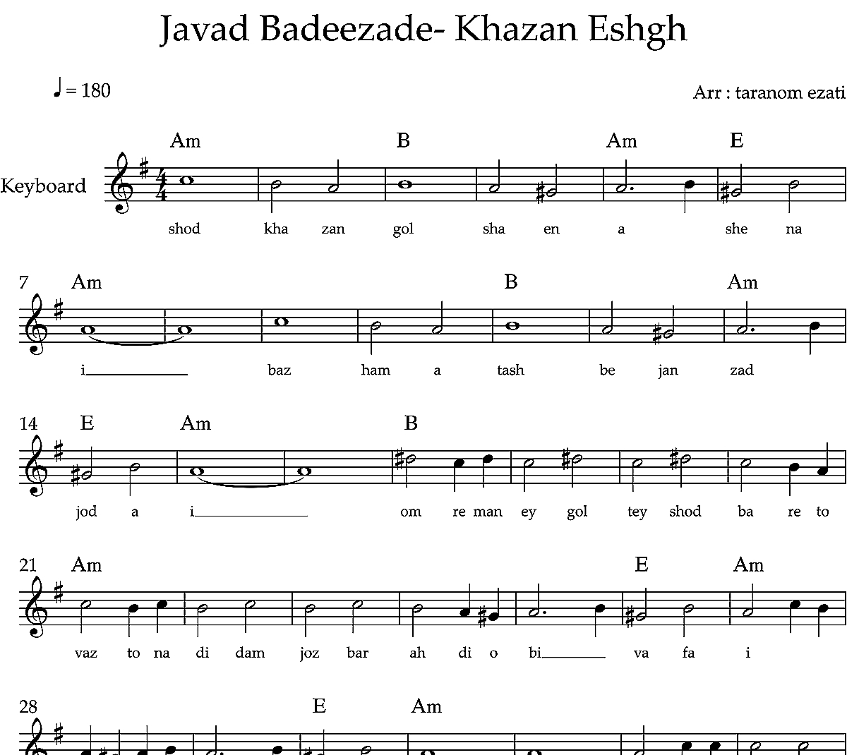 نت کیبورد خزان عشق جواد بدیع زاده به همراه آکورد