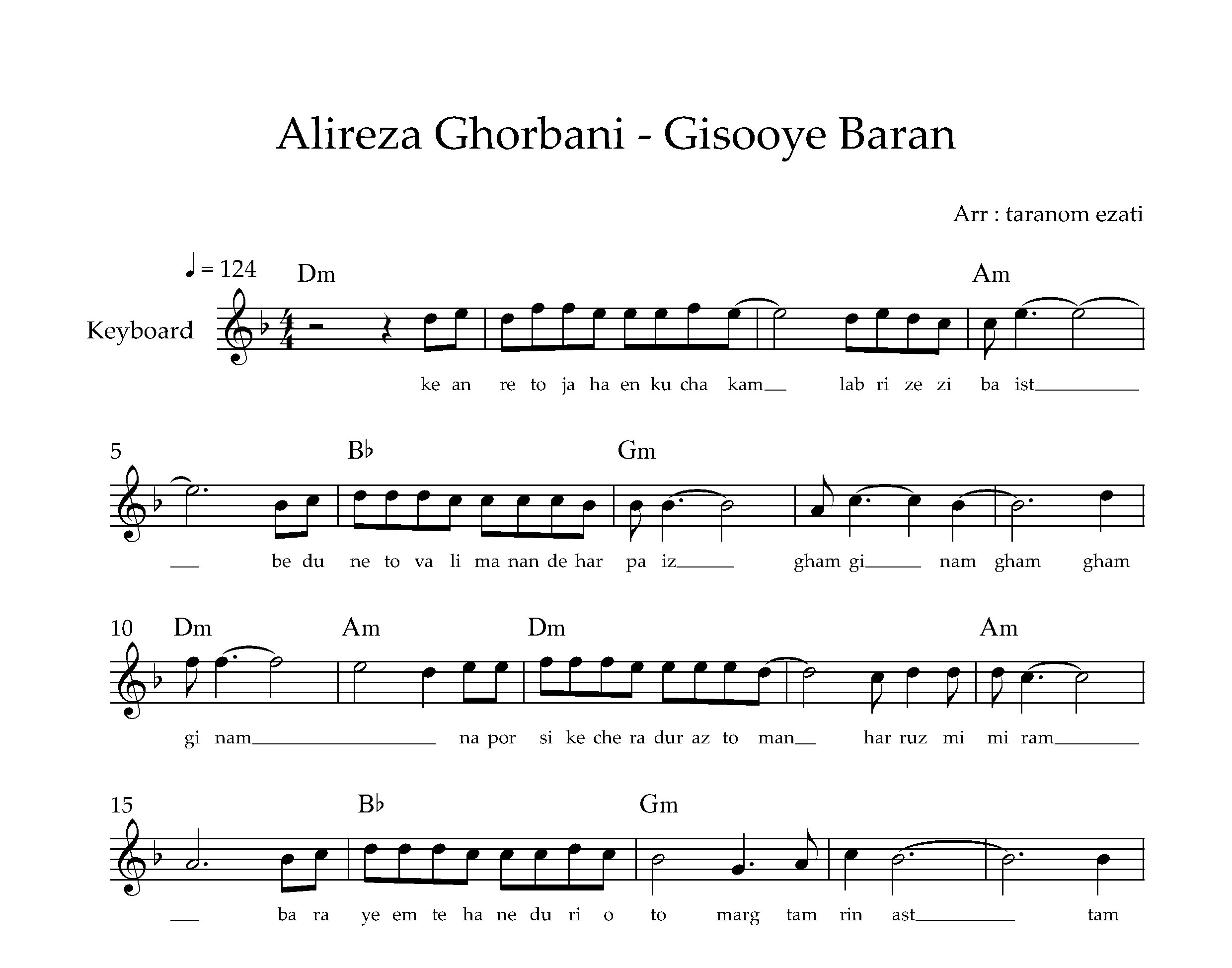 نت کیبورد گیسوی باران علیرضا قربانی به همراه آکورد