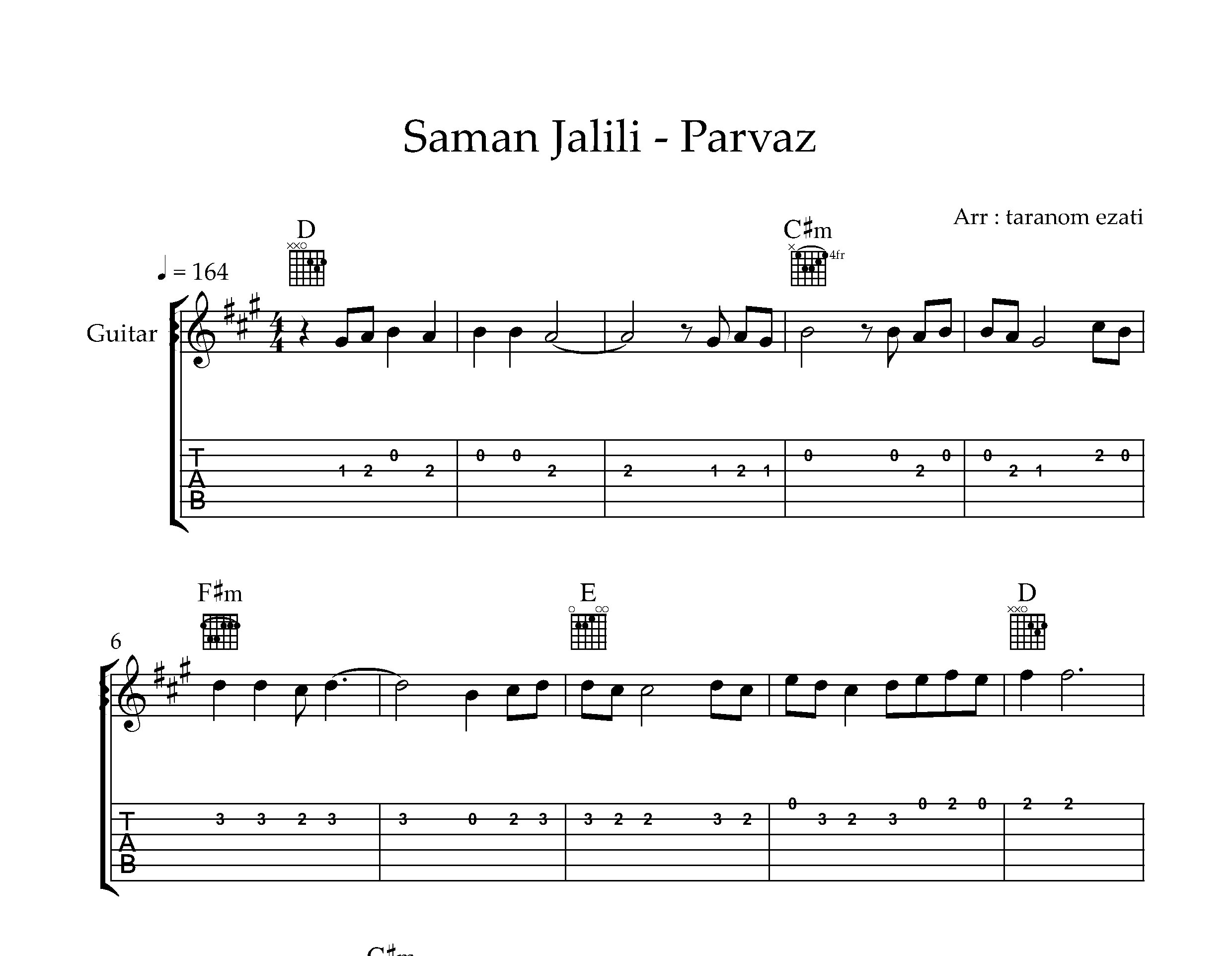 نت گیتار پرواز سامان جلیلی به همراه تبلچر و آکورد