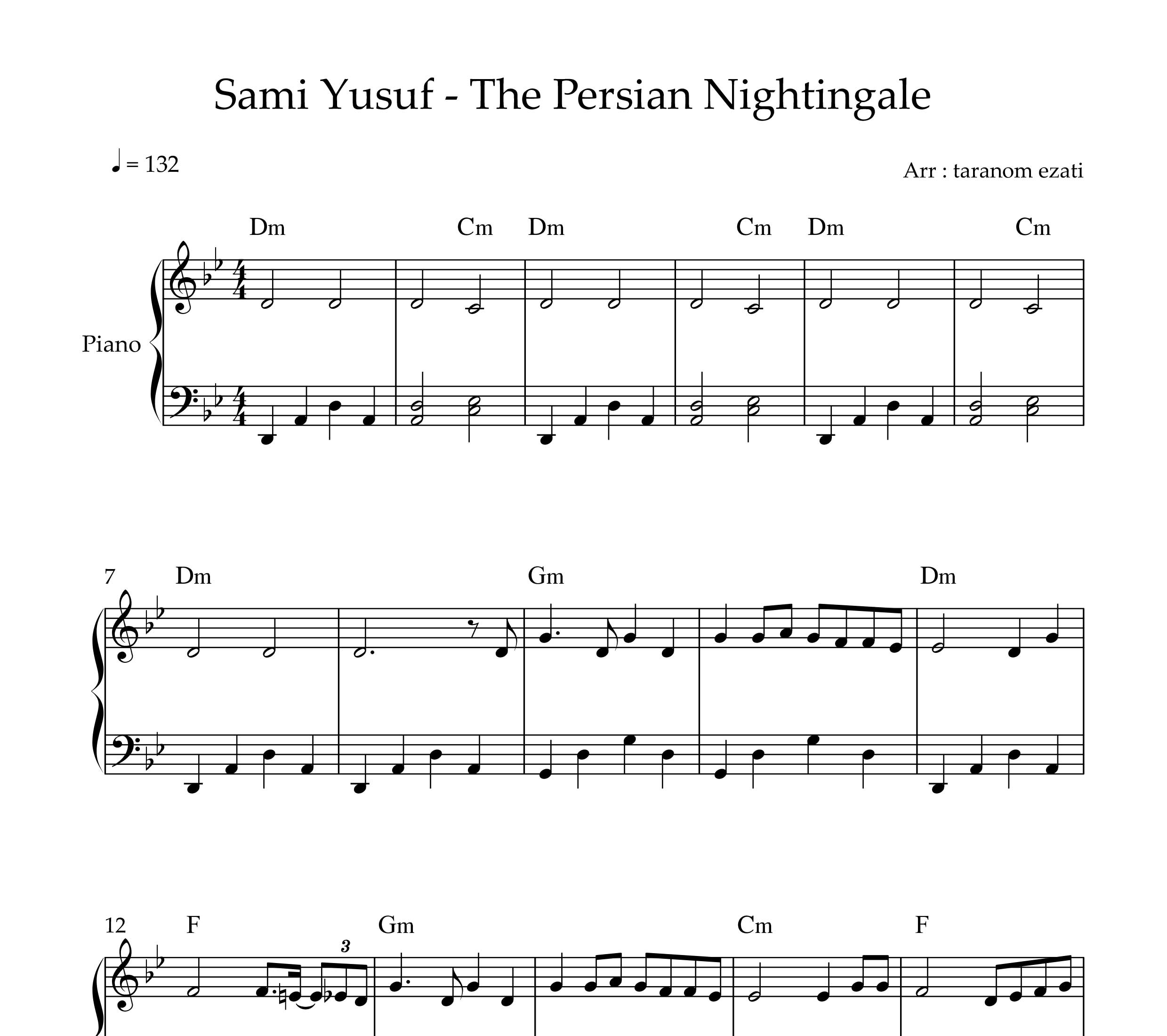 نت پیانو the persian nightingale از سامی یوسف