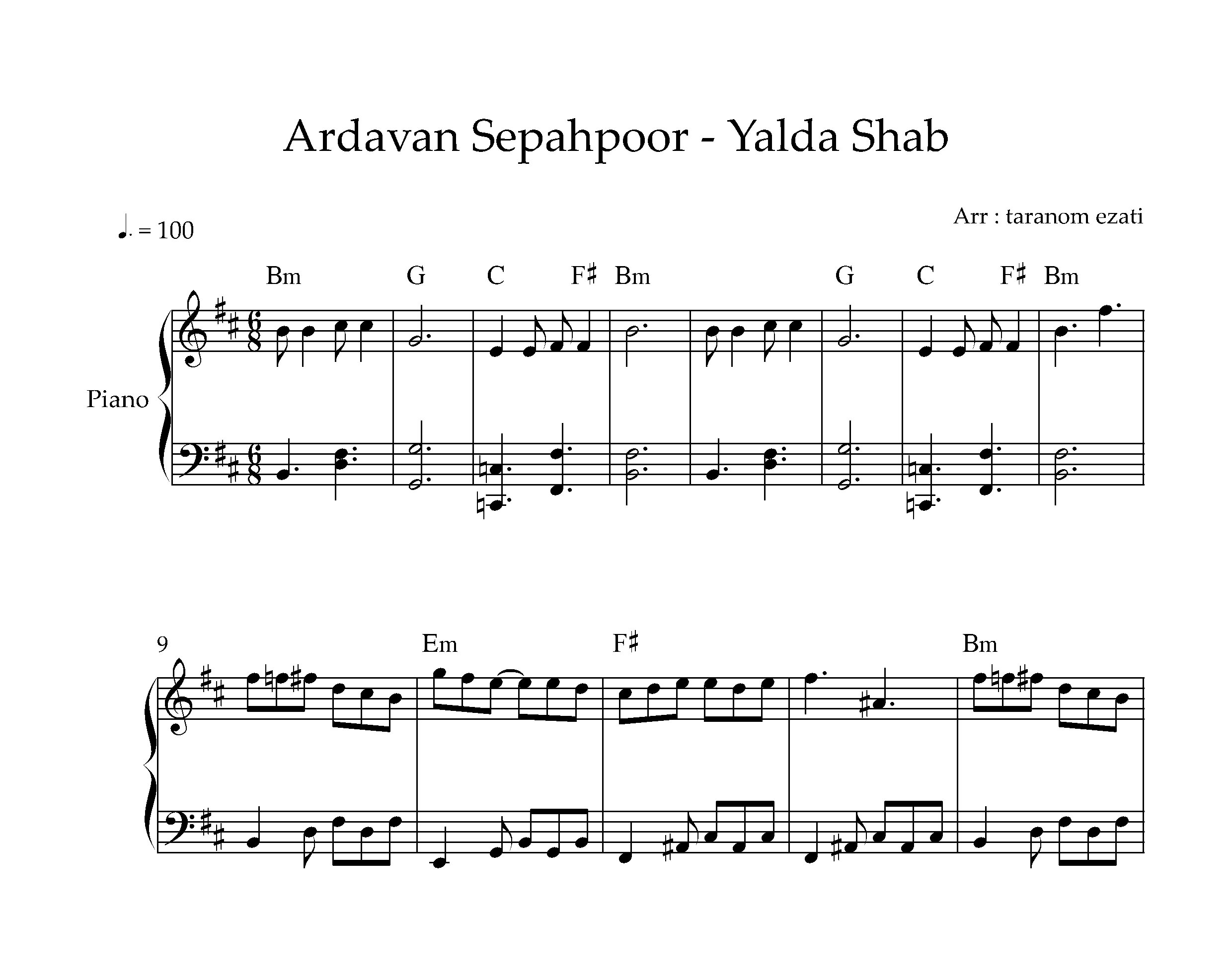 نت پیانو یلدا شب اردوان سپه پور