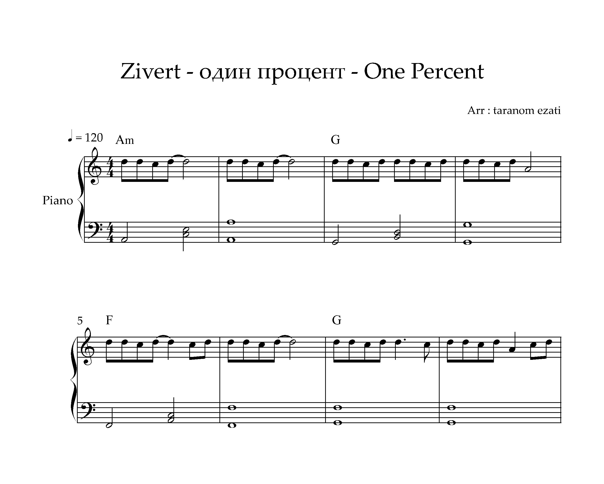 نت پیانو One Percent از Zivert