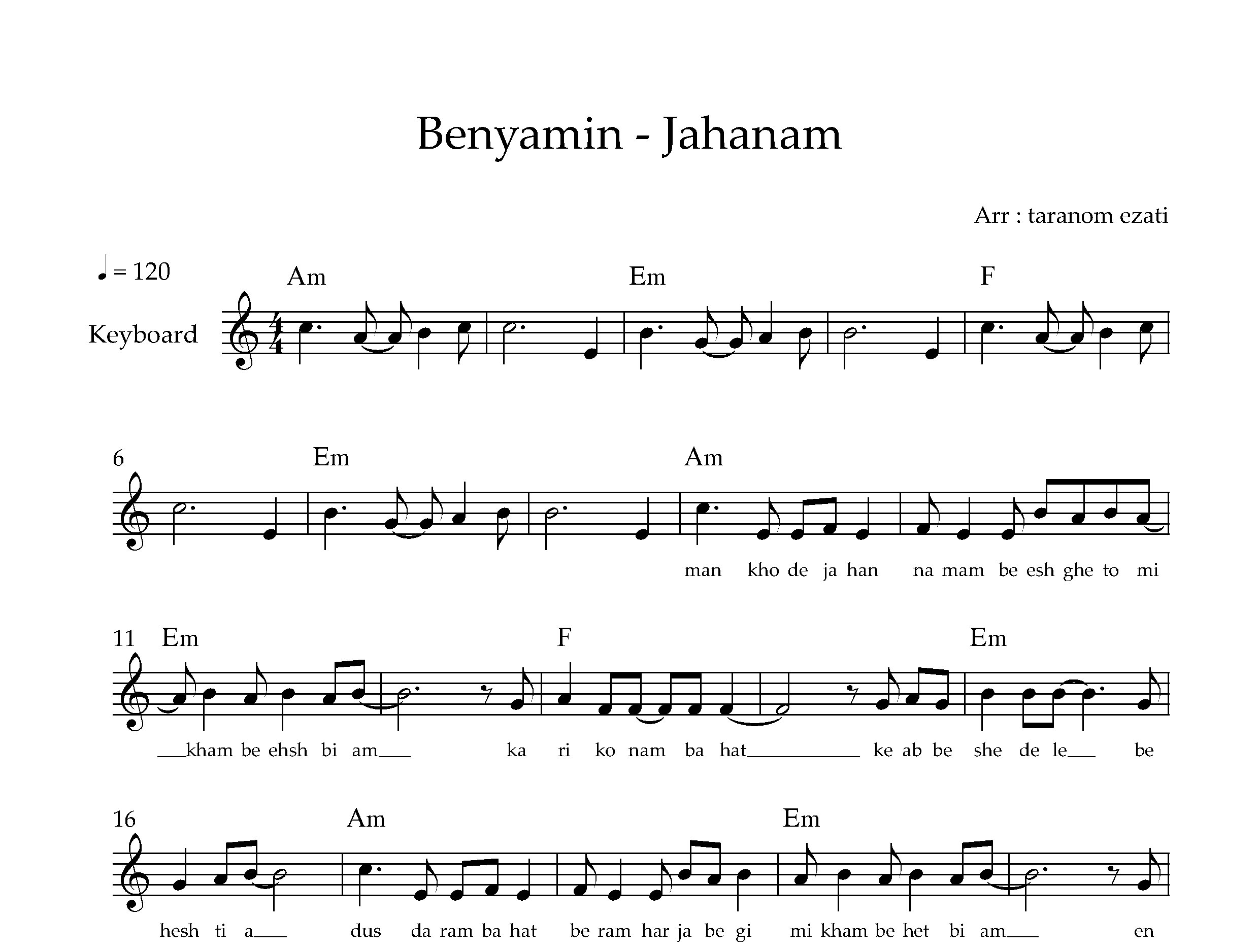 نت کیبورد جهنم بنیامین بهادری به همراه آکورد