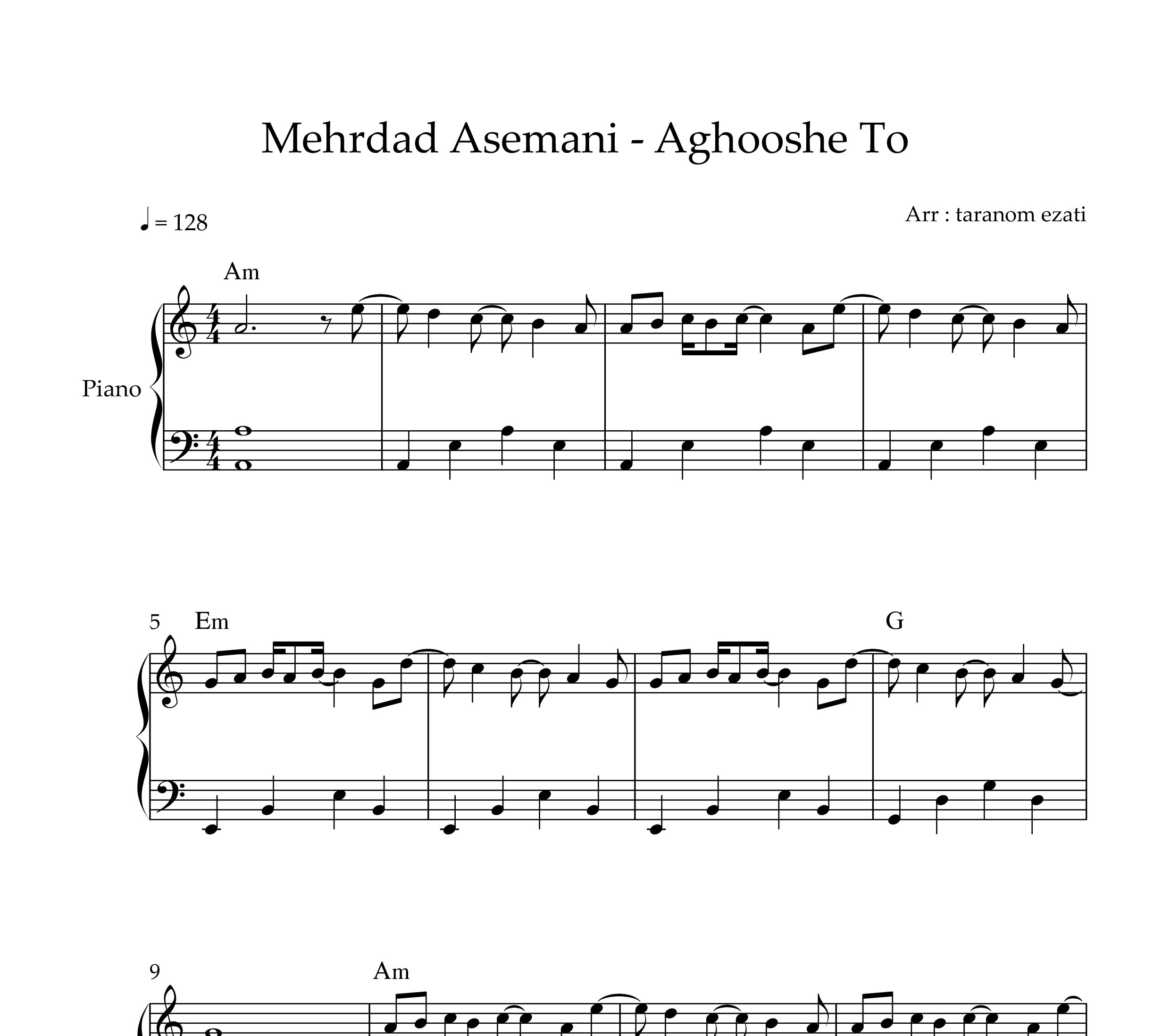 نت پیانو آغوش تو مهرداد آسمانی