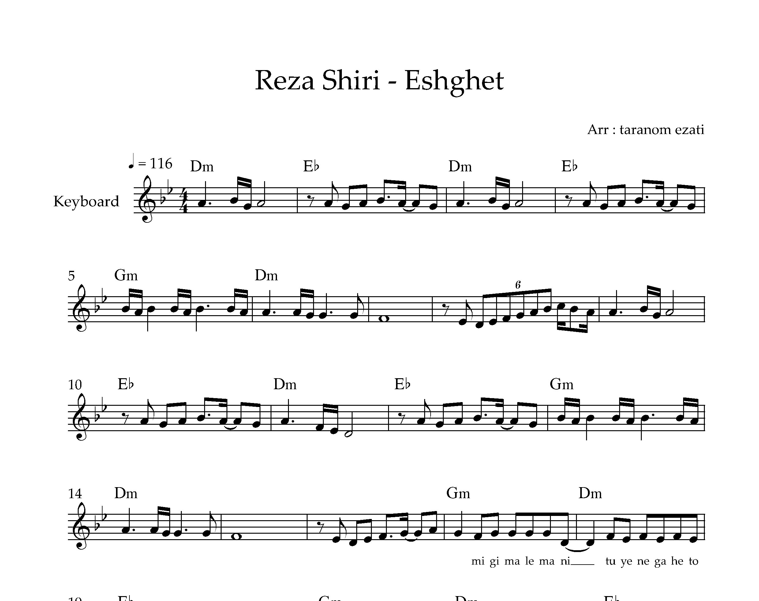 نت کیبورد عشقه رضا شیری به همراه آکورد