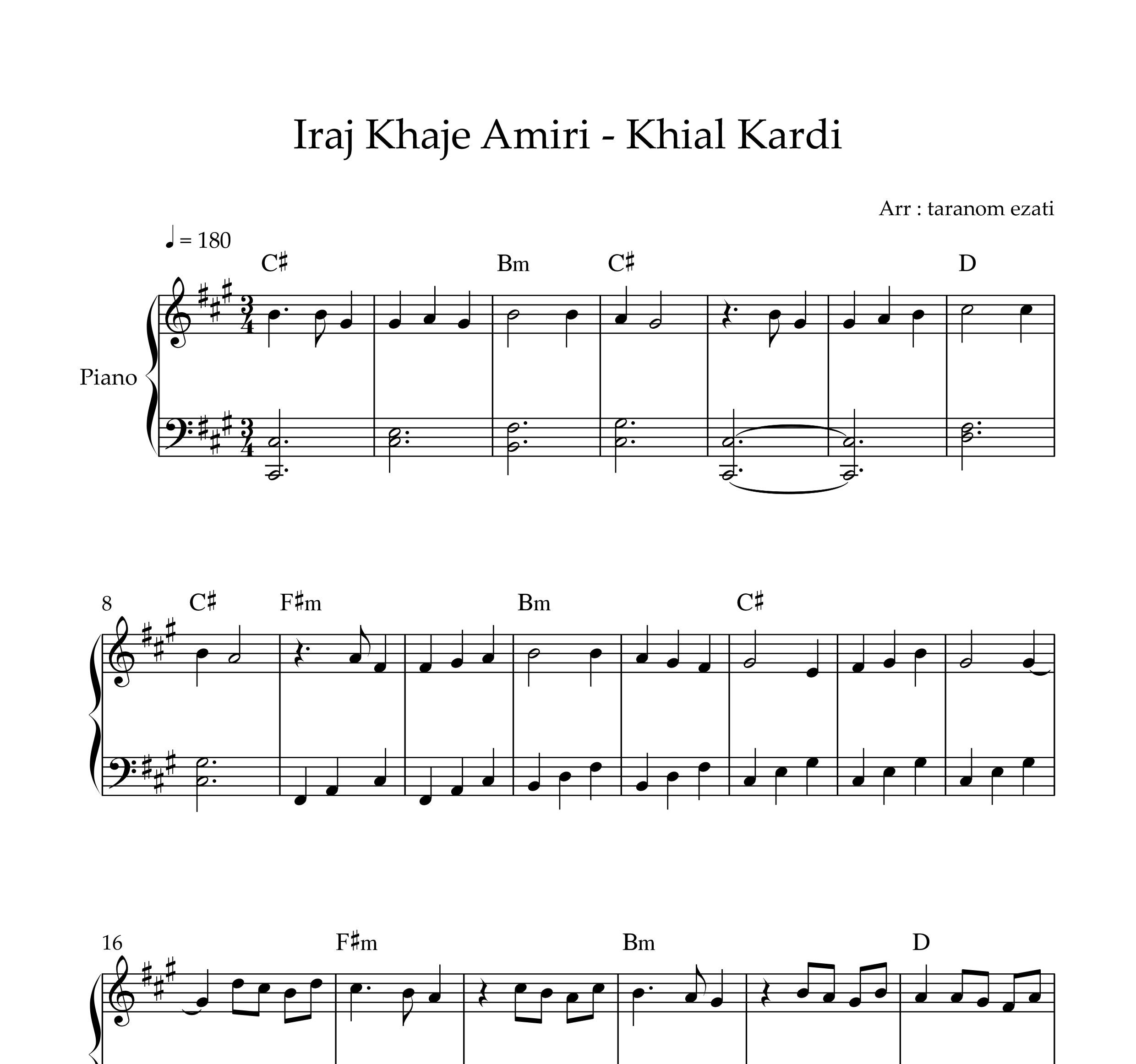 نت پیانو خیال کردی ایرج خواجه امیری