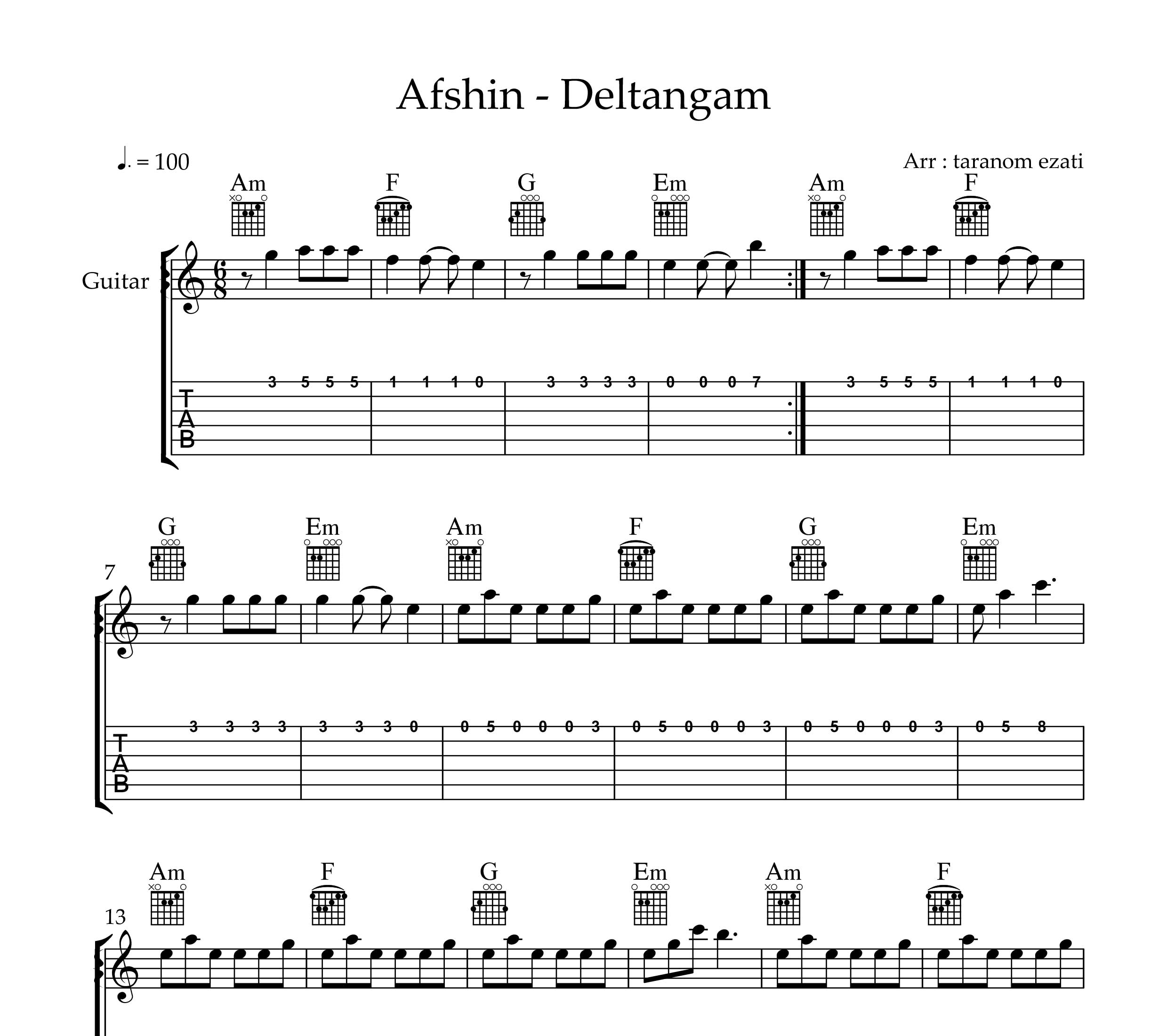 نت گیتار دلتنگم افشین به همراه تبلچر و آکورد