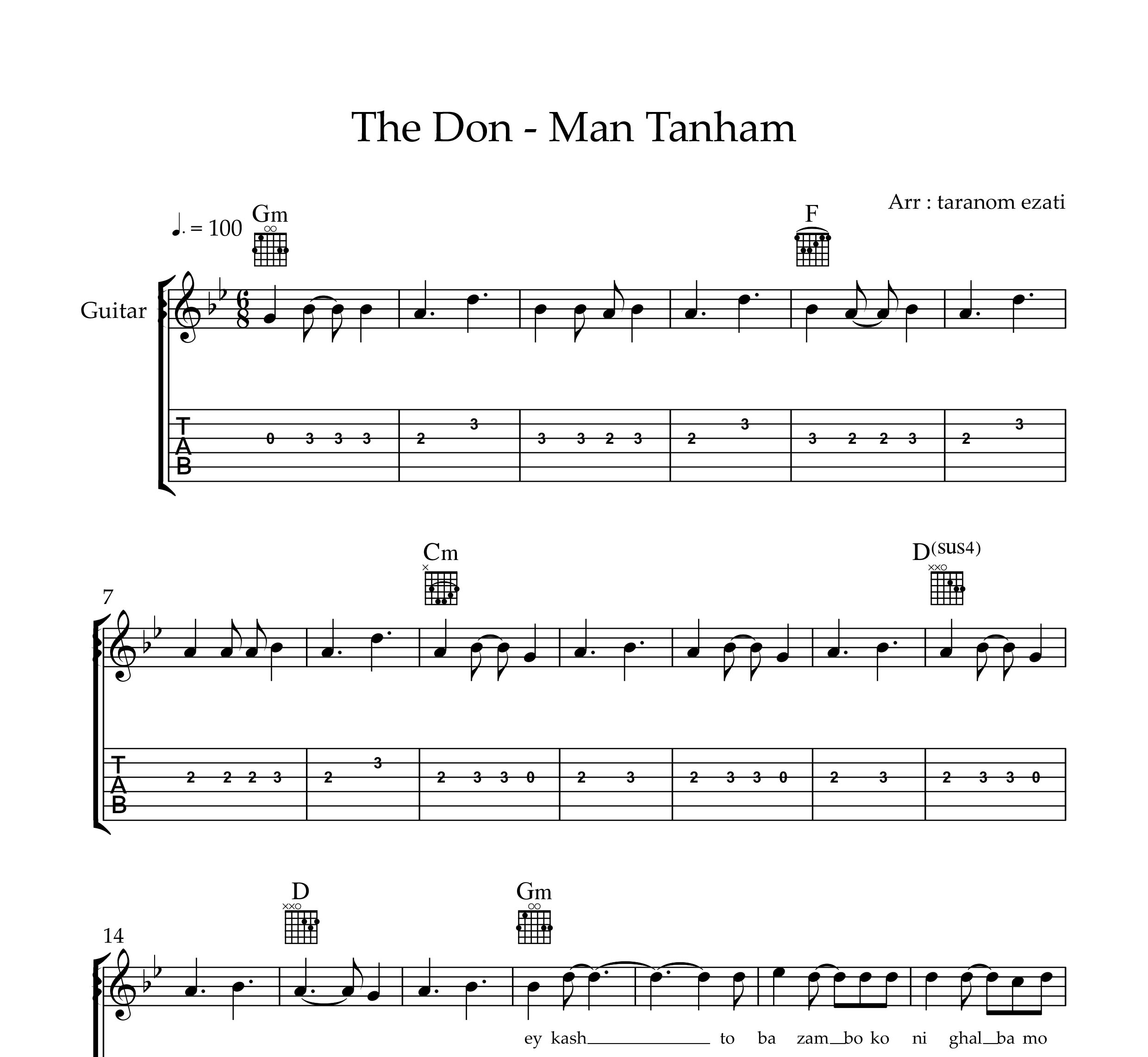 نت گیتار من تنهام د دان به همره تبلچر و آکورد