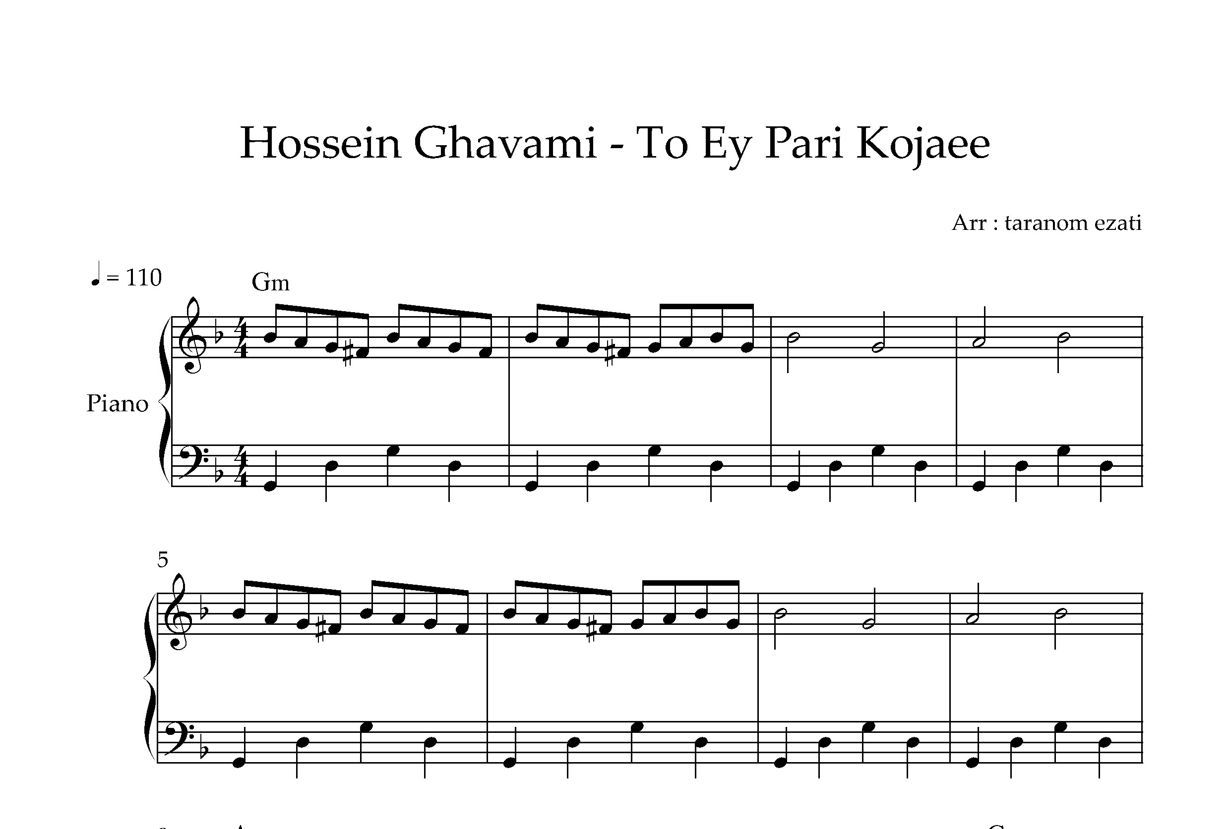 نت پیانو تو ای پری کجایی حسین قوامی