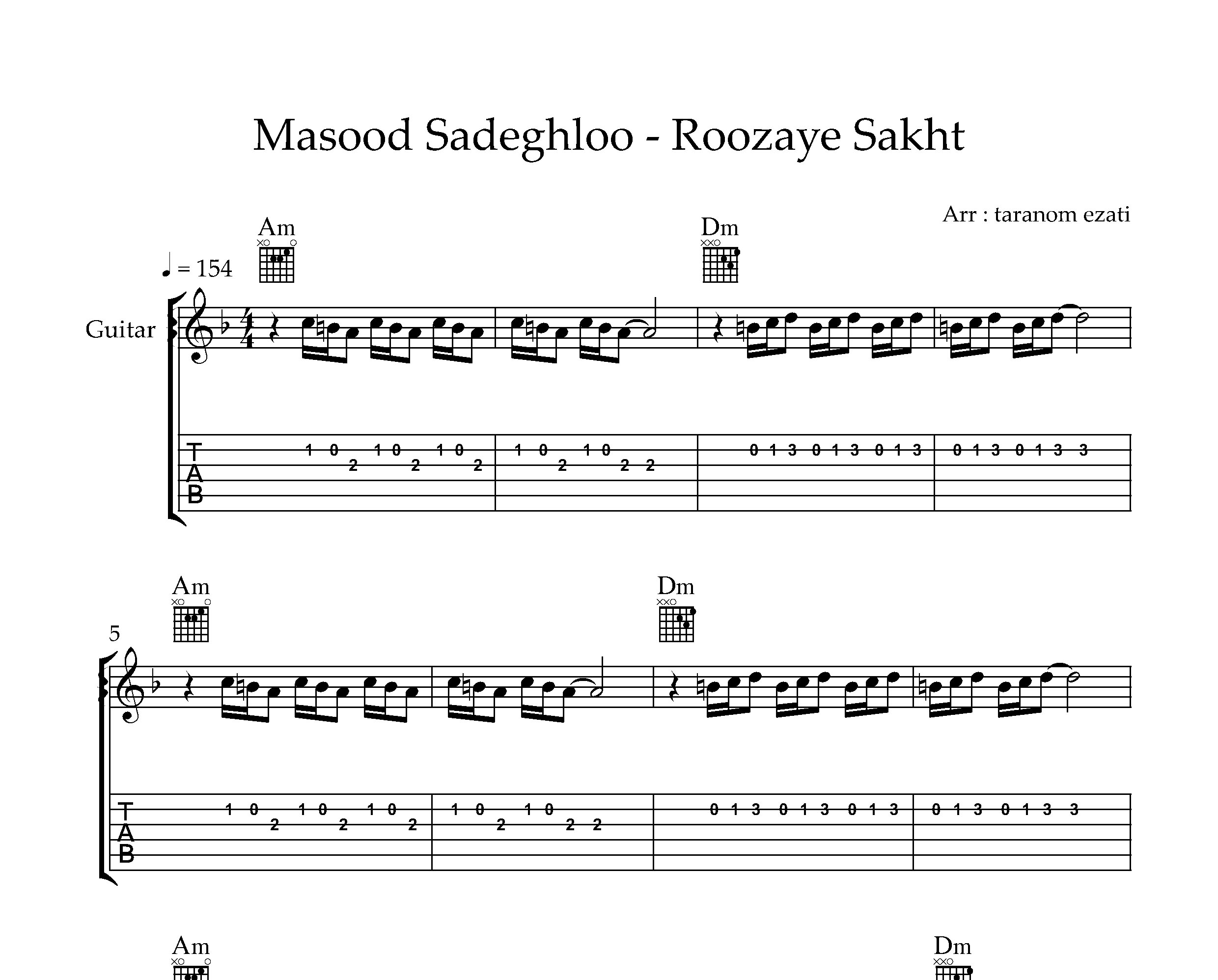 نت گیتار روزای سخت مسعود صادقلو به همراه تبلچر و آکورد
