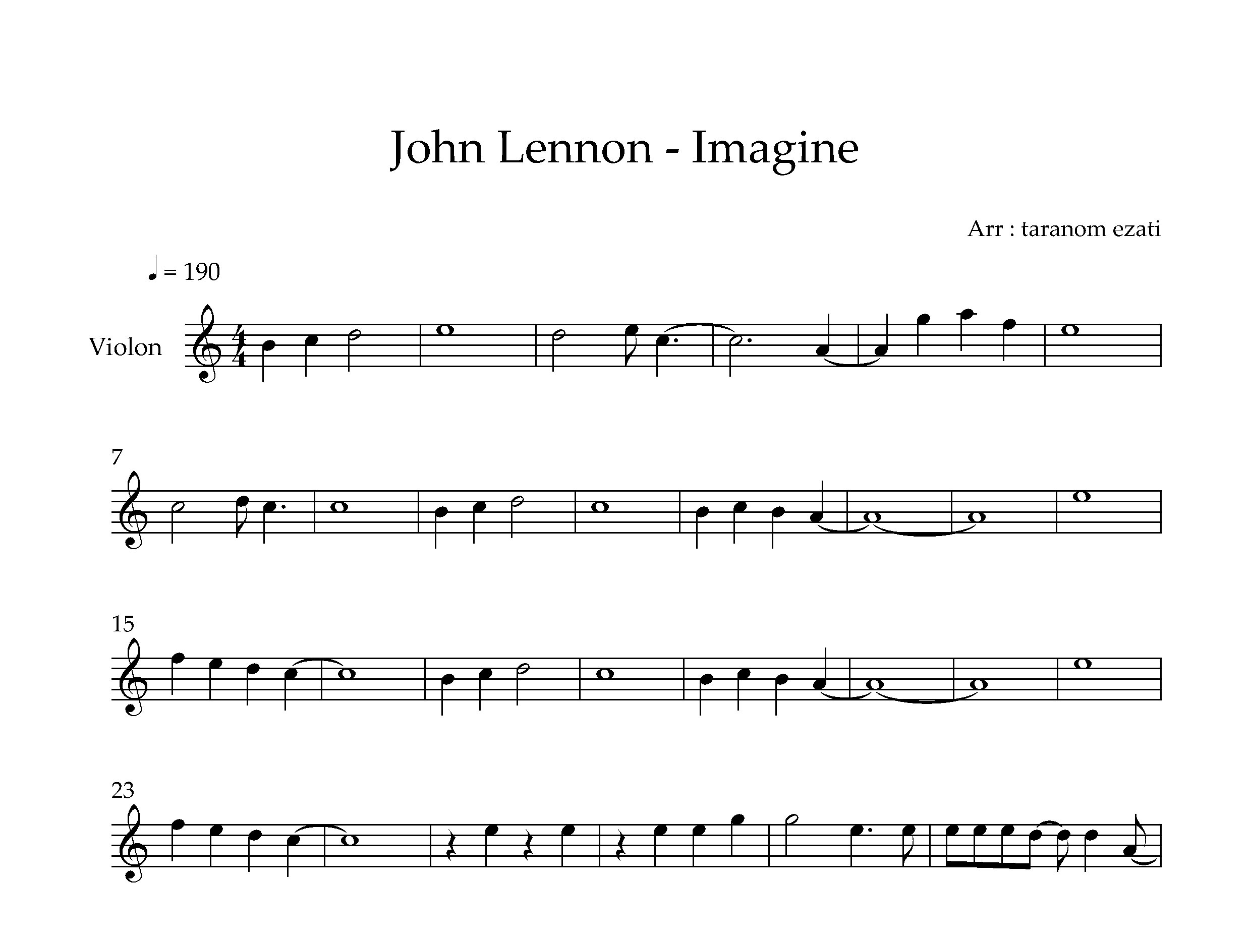 نت ویولن Imagine از John Lennon