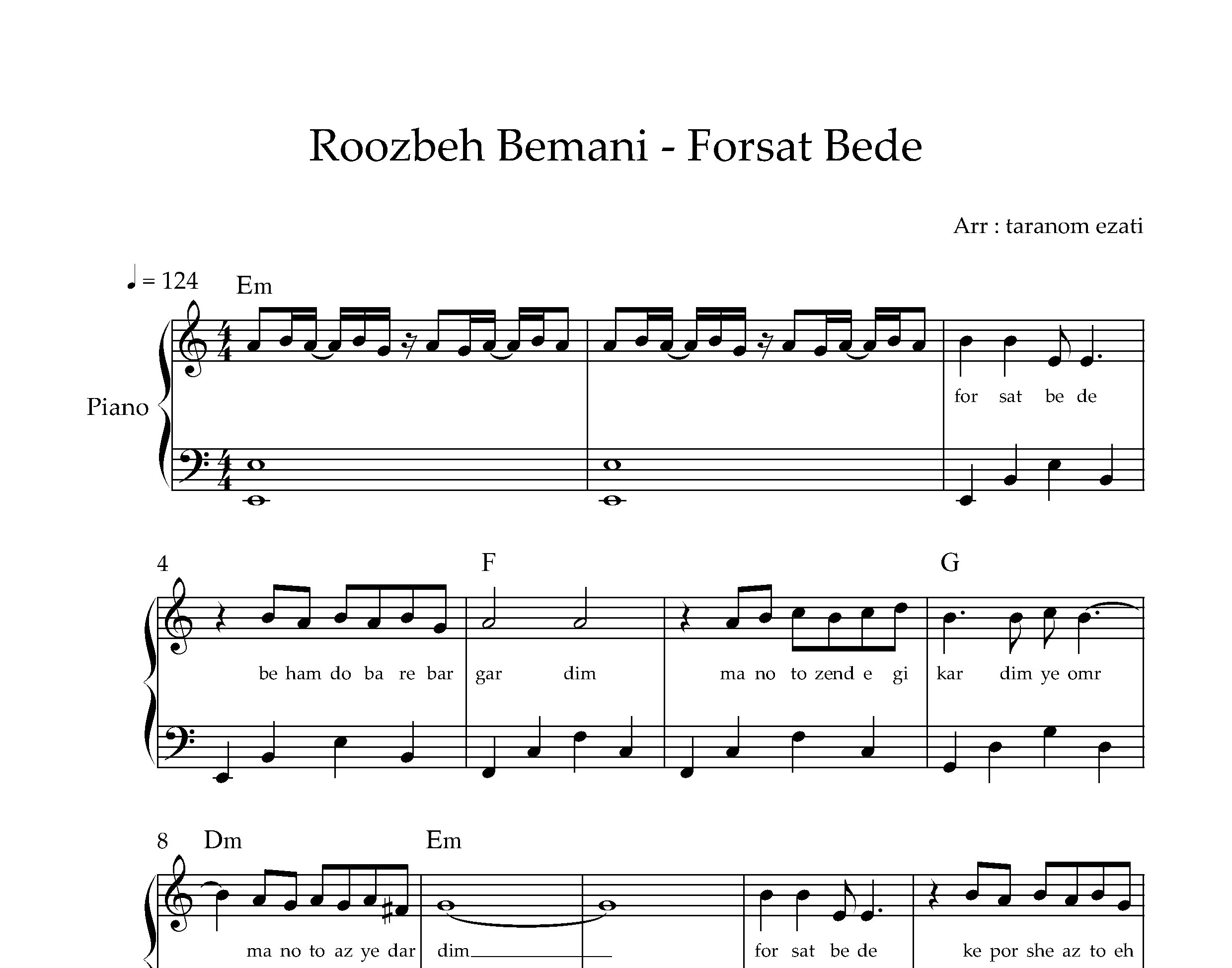 نت پیانو  فرصت بده روزبه بمانی