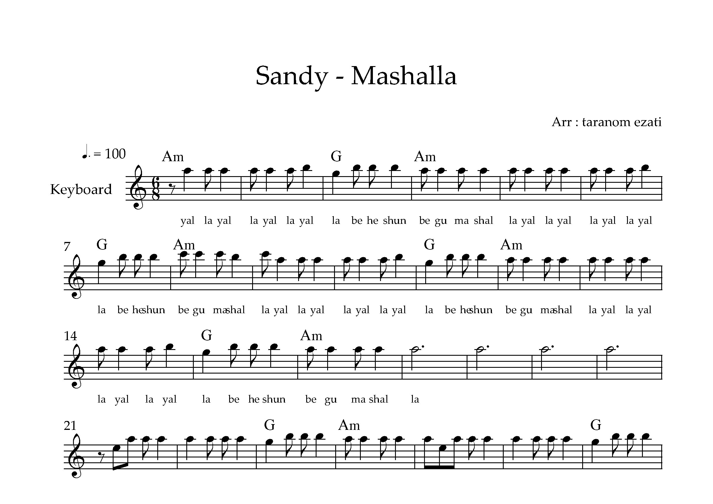 نت کیبورد ماشالله سندی به همراه آکورد