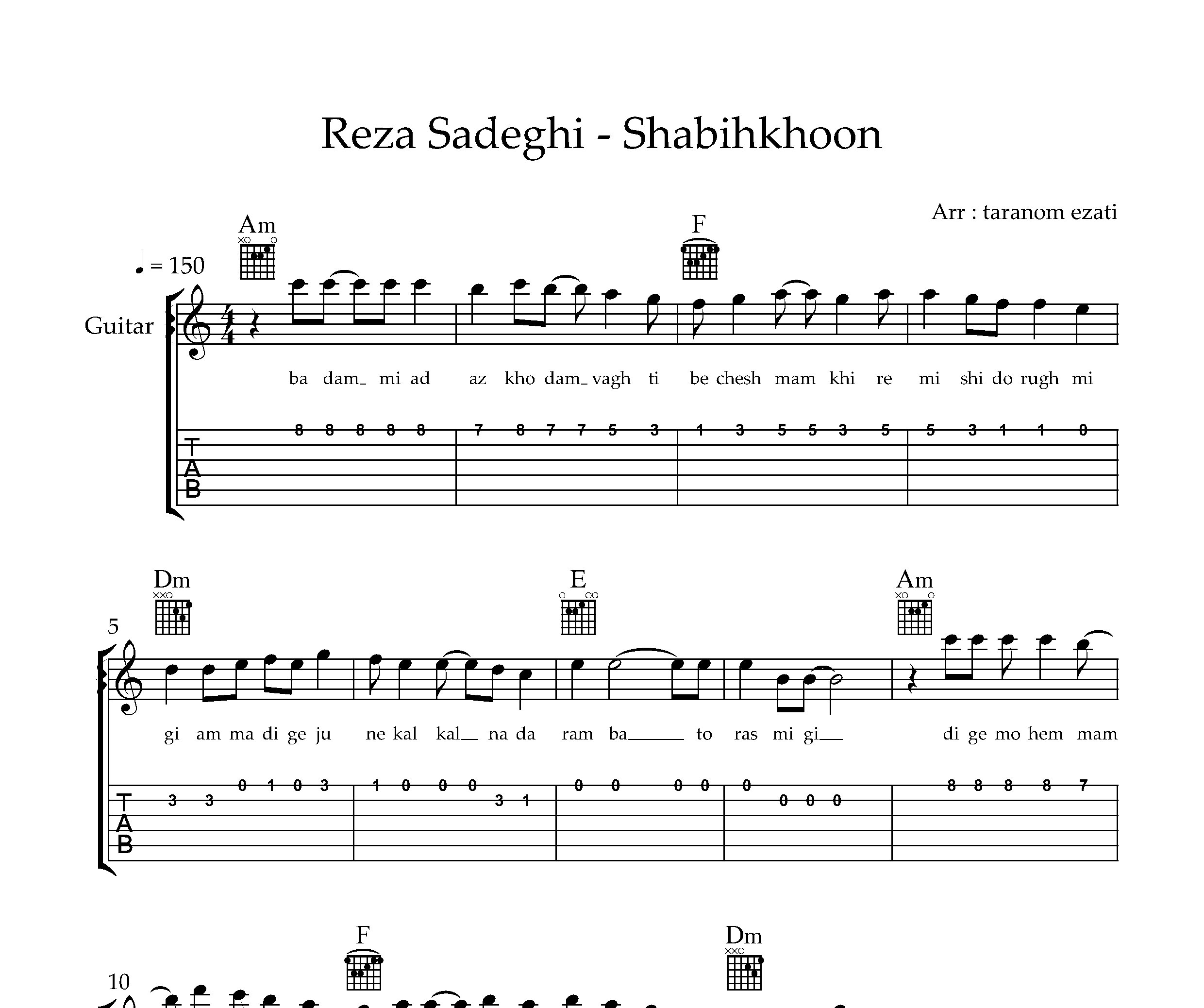 نت گیتار شبیخون رضا صادقی به همراه تبلچر و آکورد