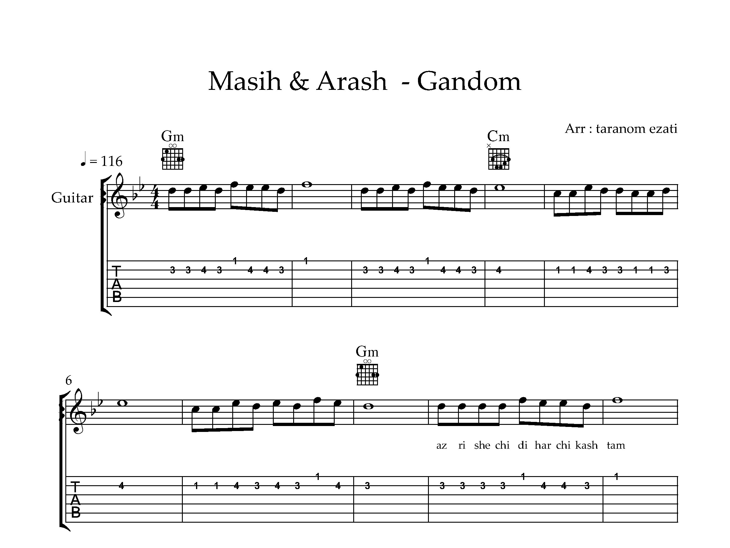 نت گیتار گندم مسیح و آرش به همراه تبلچر و آکورد