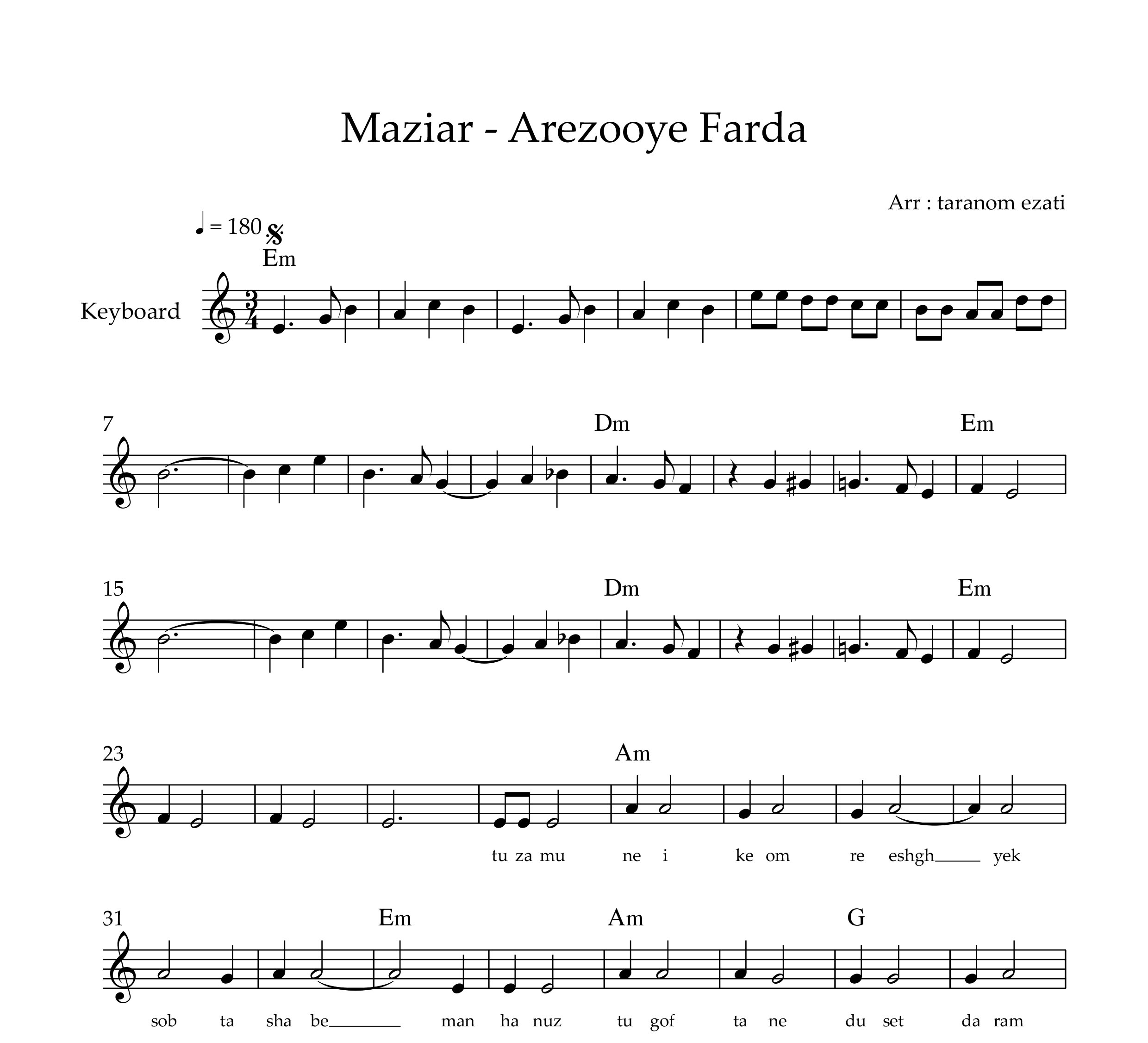 نت کیبورد آرزوی فردا مازیار به همراه آکورد