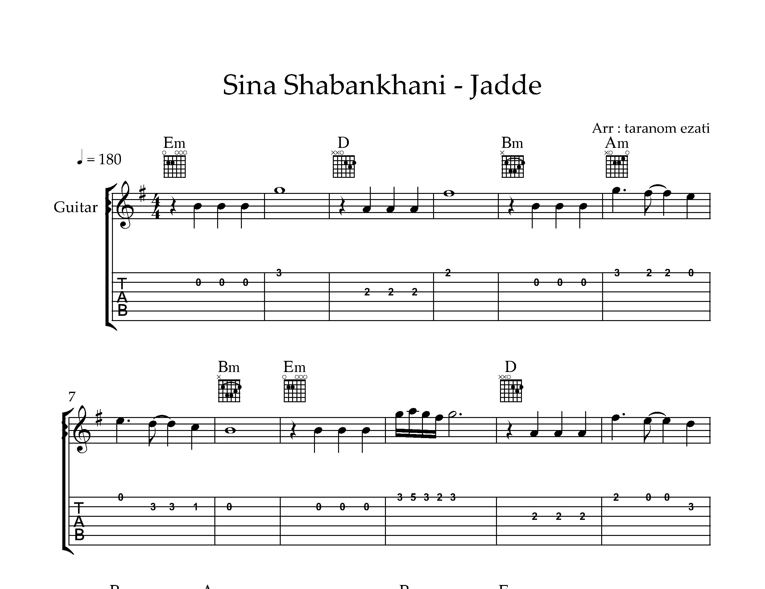 نت گیتار جاده سینا شعبانخانی به همراه تبلچر و آکورد