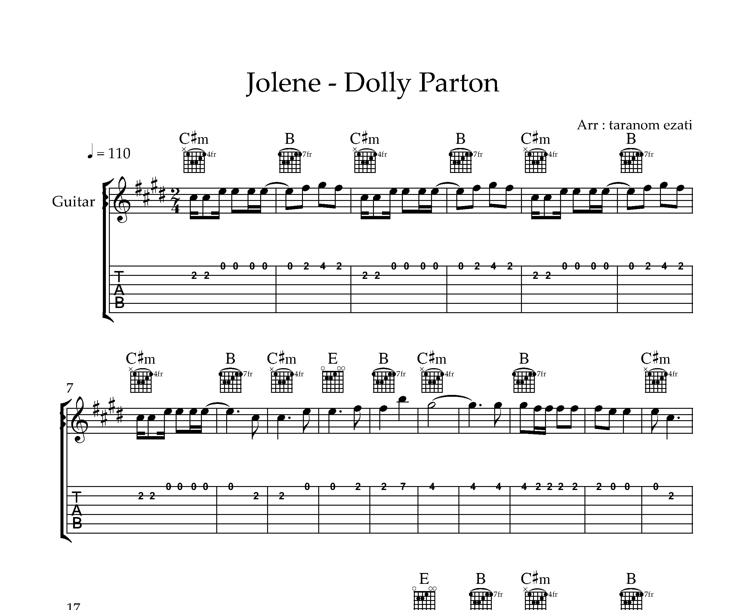 نت گیتار Jolene از Dolly Parton به همراه تبلچر و آکورد