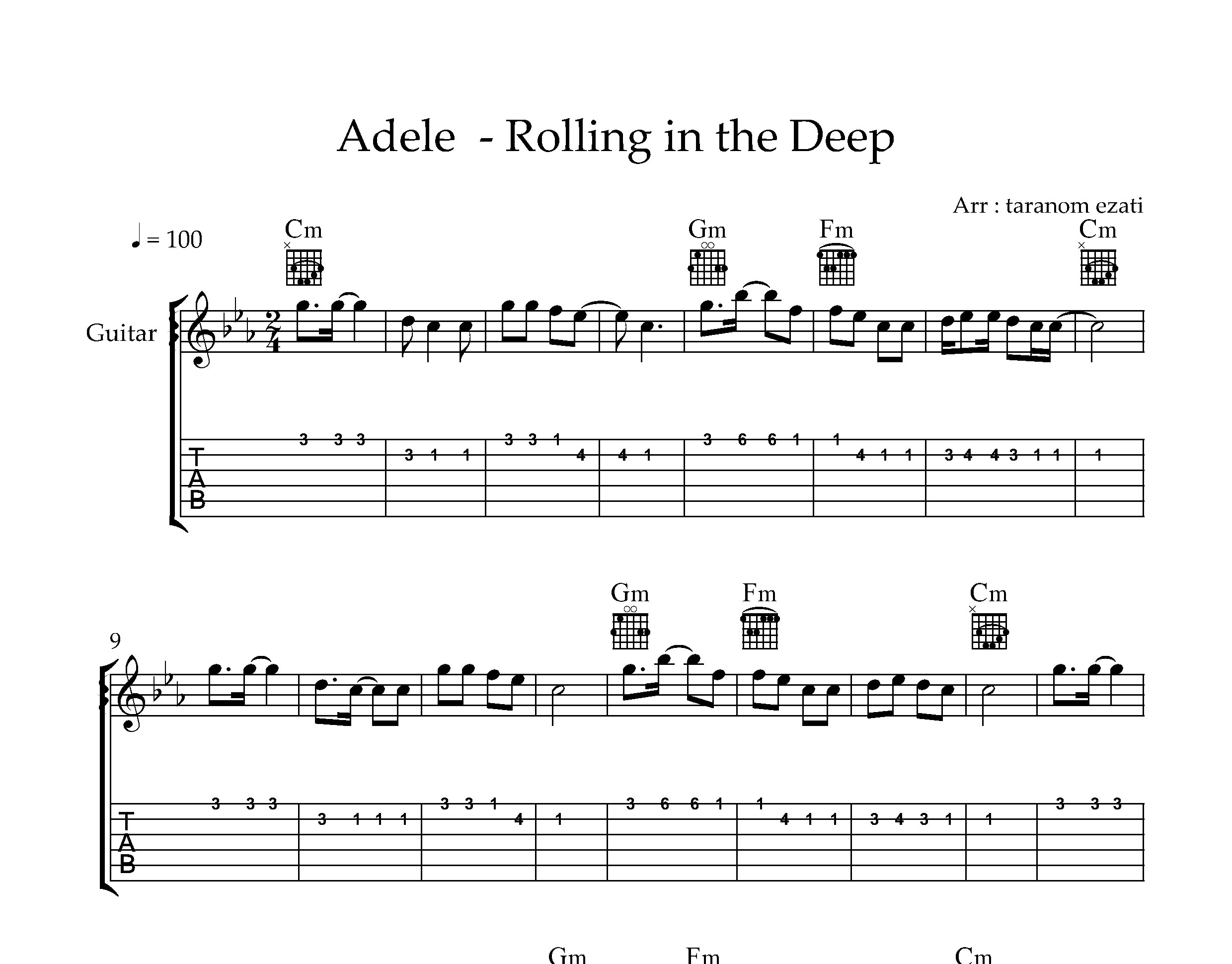 نت گیتار Rolling in the Deep از Adele به همراه تبلچر و آکورد