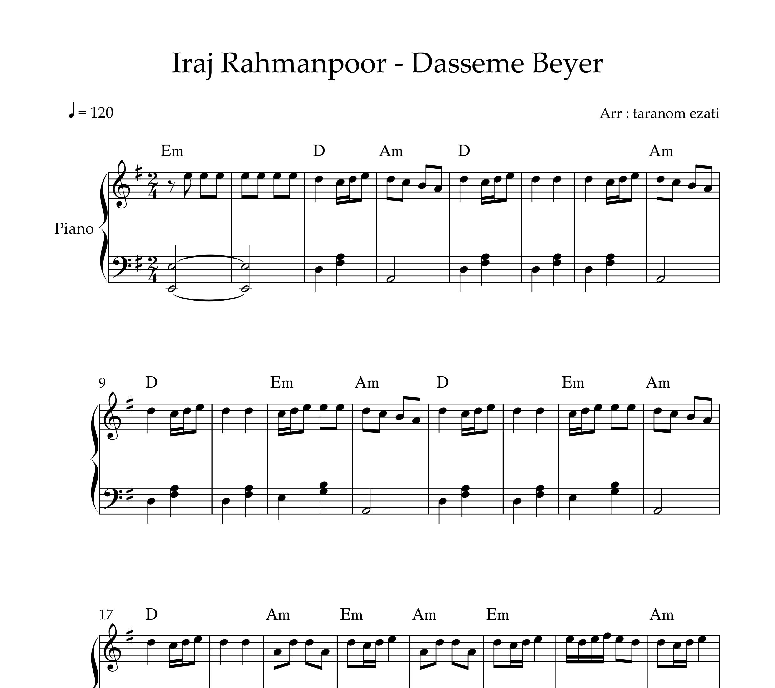نت پیانو دسمه بیر ایرج رحمانپور