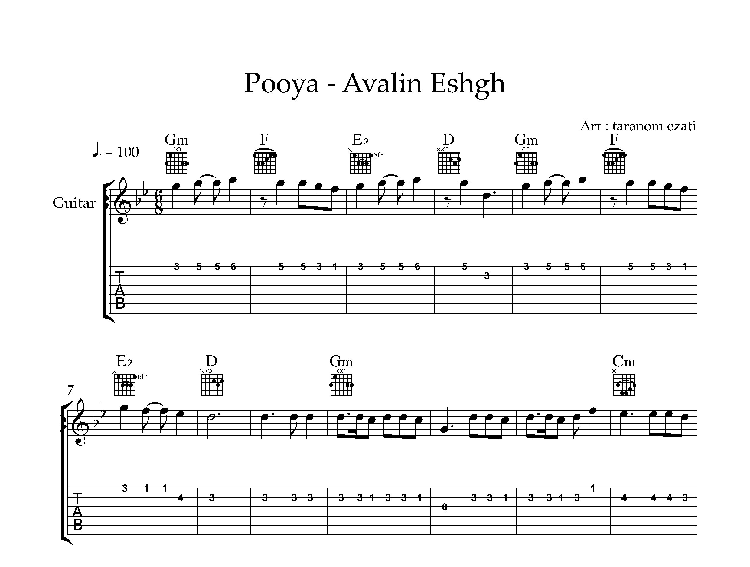 نت گیتار اولین عشق پویا به همراه تبلچر و آکورد