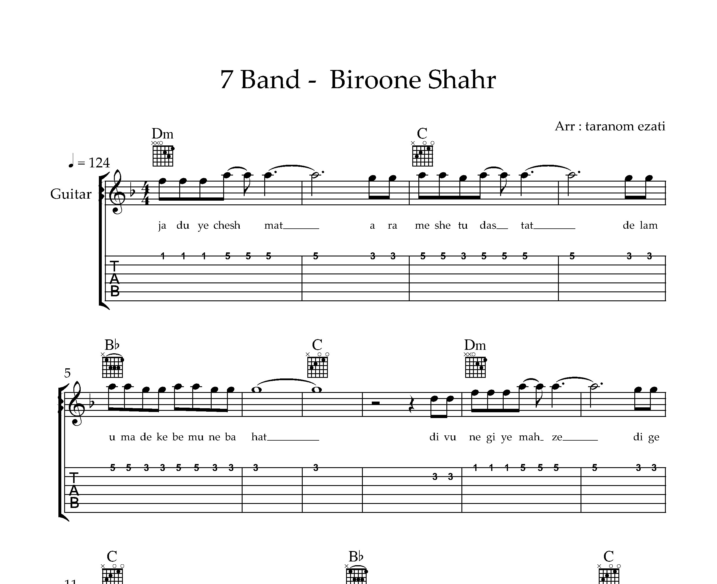 نت گیتار بیرون شهر سون بند به همراه تبلچر و آکورد