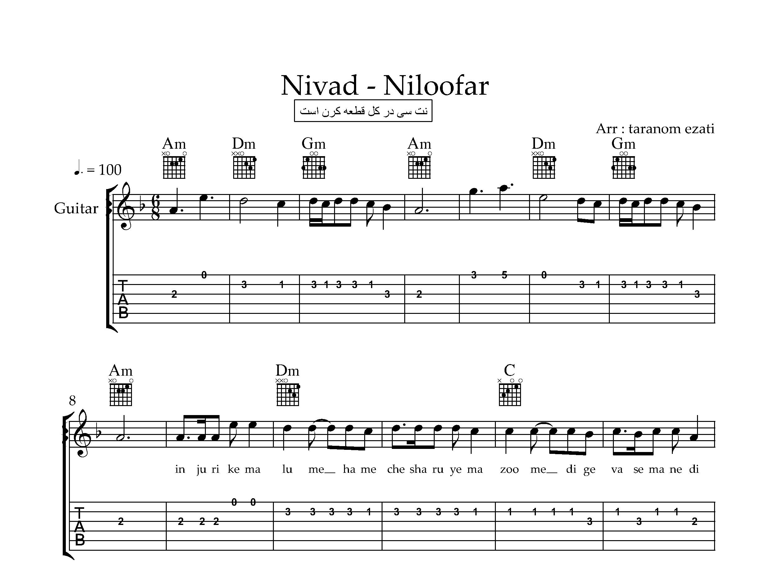 نت گیتار نیلوفر نیواد به همراه تبلچر و آکورد