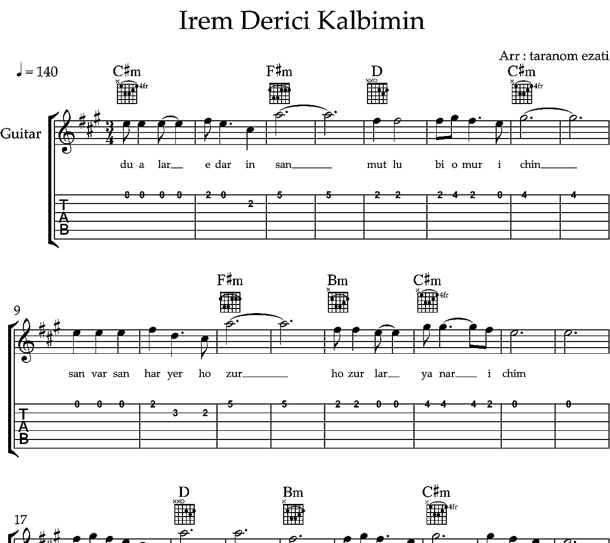 نت گیتار kalbimin از irem derici به همراه تبلچر و آکورد